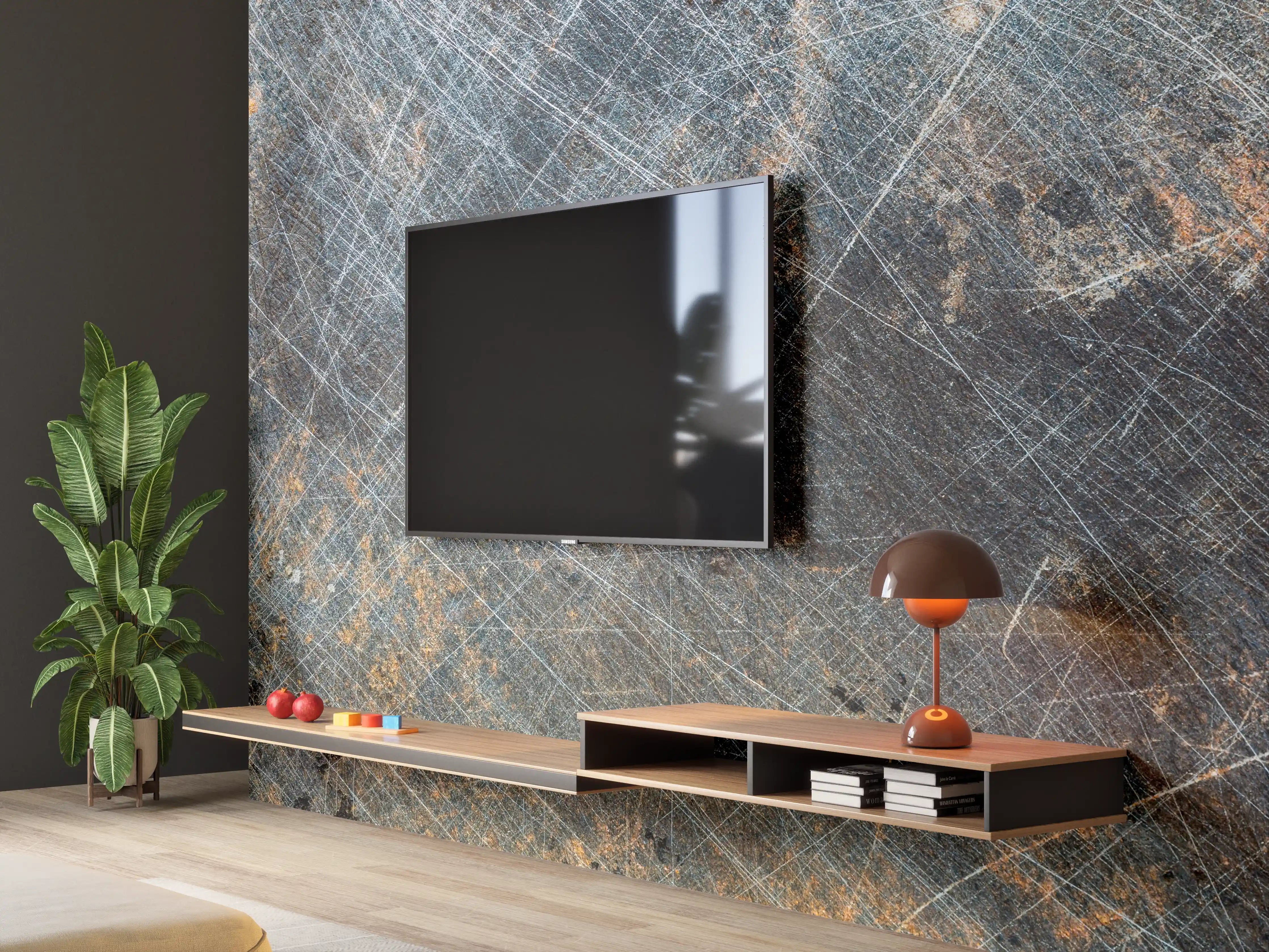 Wandverkleidung Wohnzimmer - Graue Patina auf rostigem Metall