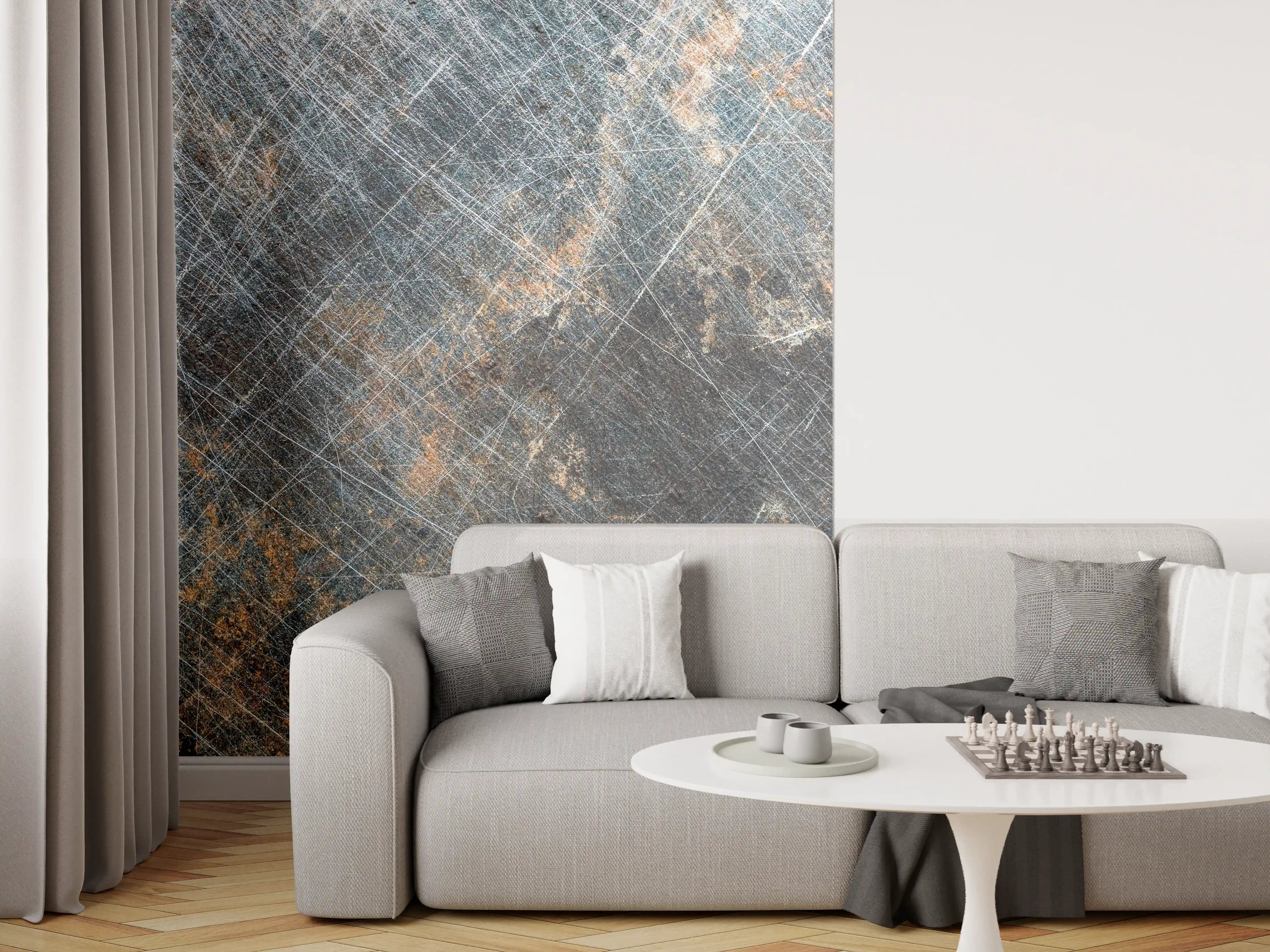 Wandverkleidung Wohnzimmer - Graue Patina auf rostigem Metall