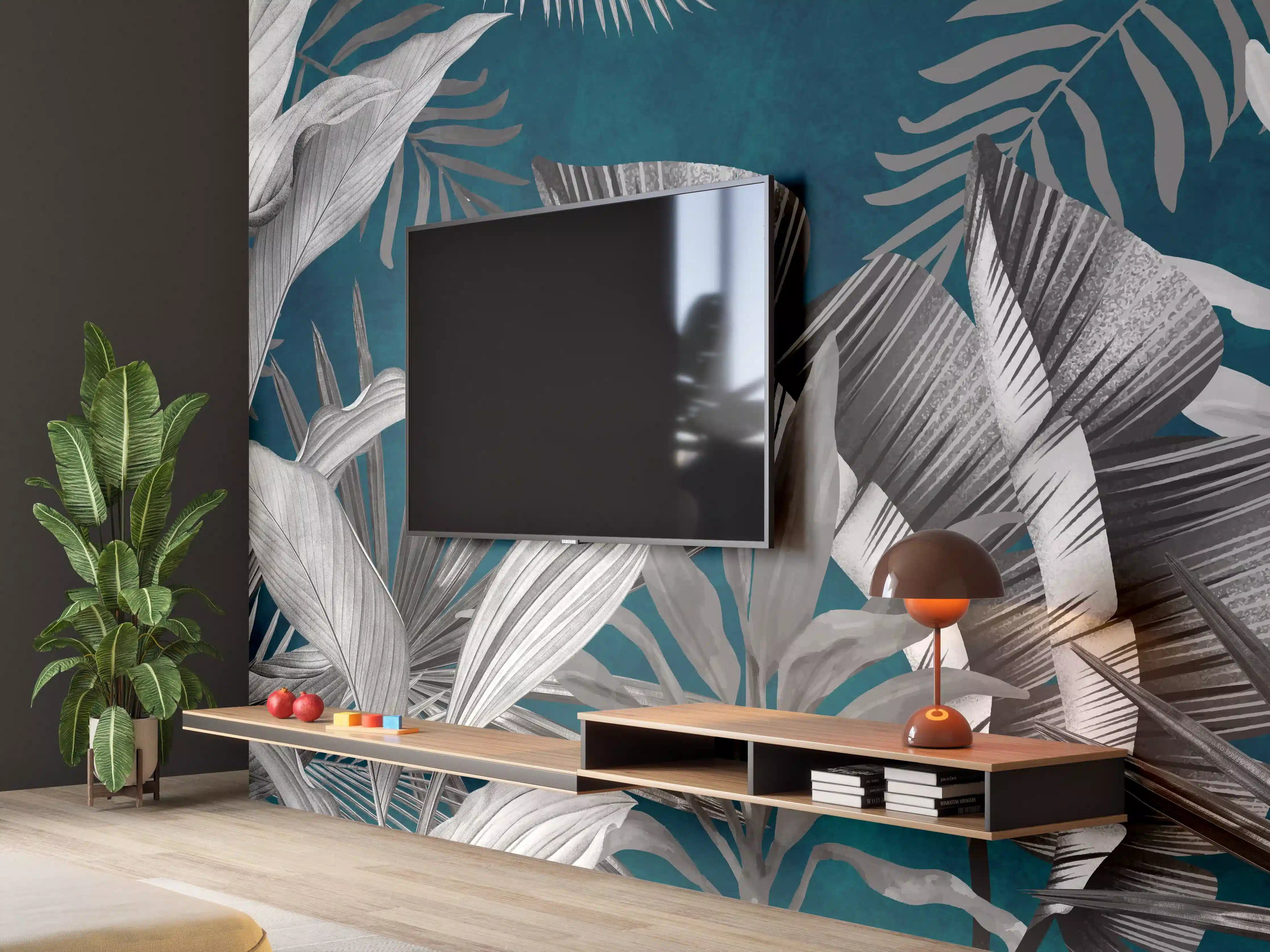 Wandverkleidung Wohnzimmer - Graue Pflanzen auf blauem Hintergrund