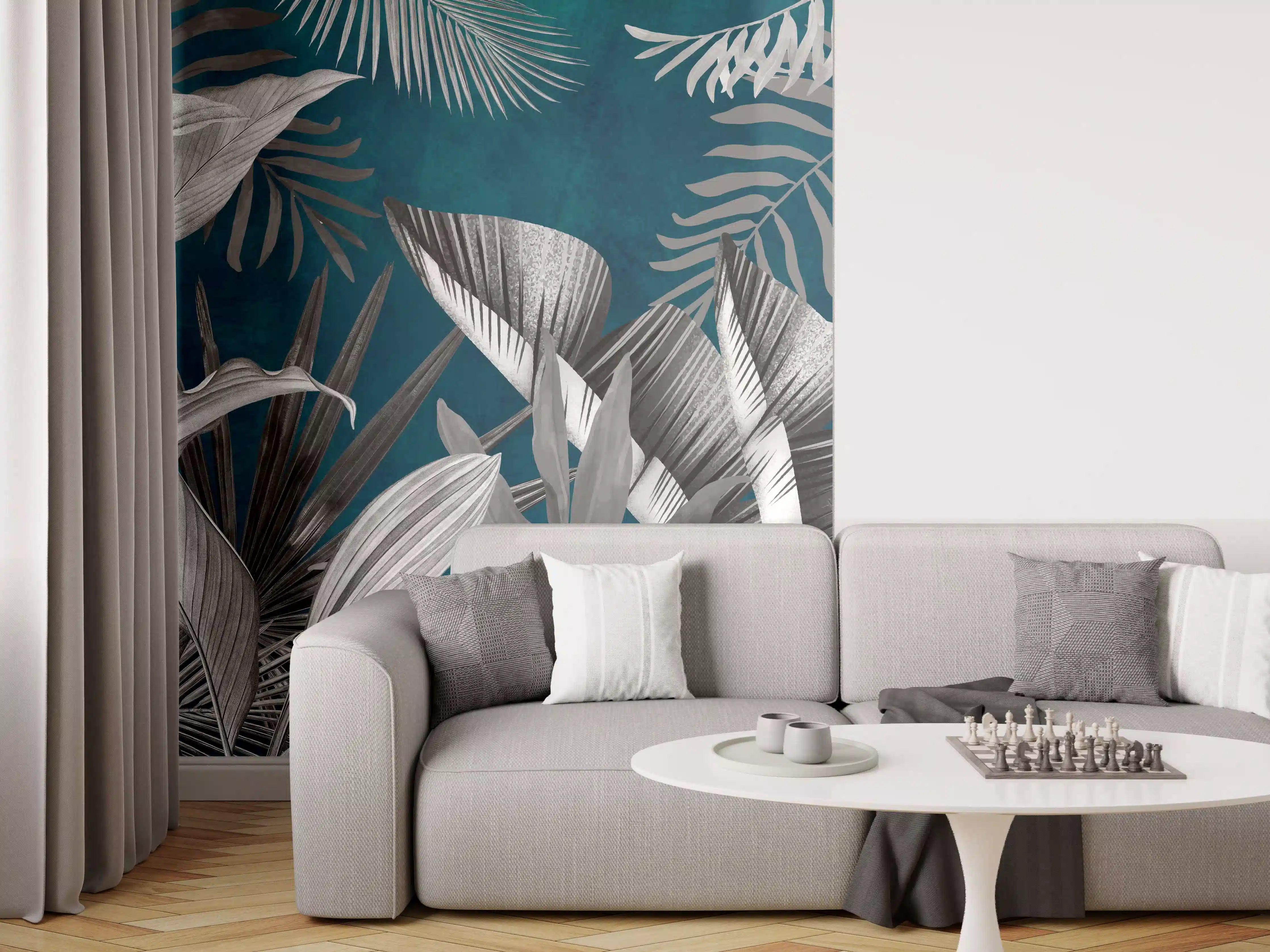 Wandverkleidung Wohnzimmer - Graue Pflanzen auf blauem Hintergrund