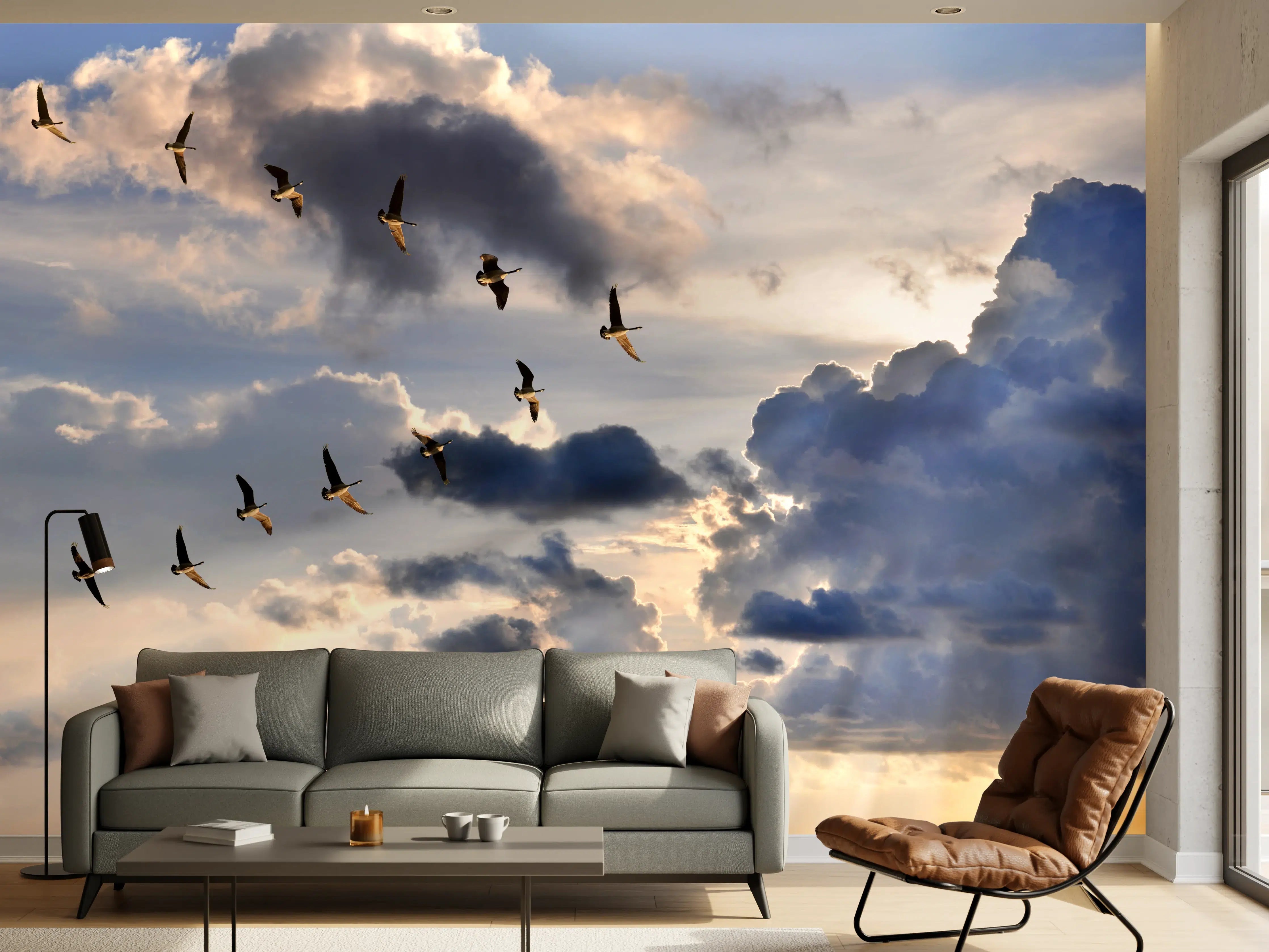 Wandverkleidung Wohnzimmer - Graue Schatten im Abendflug