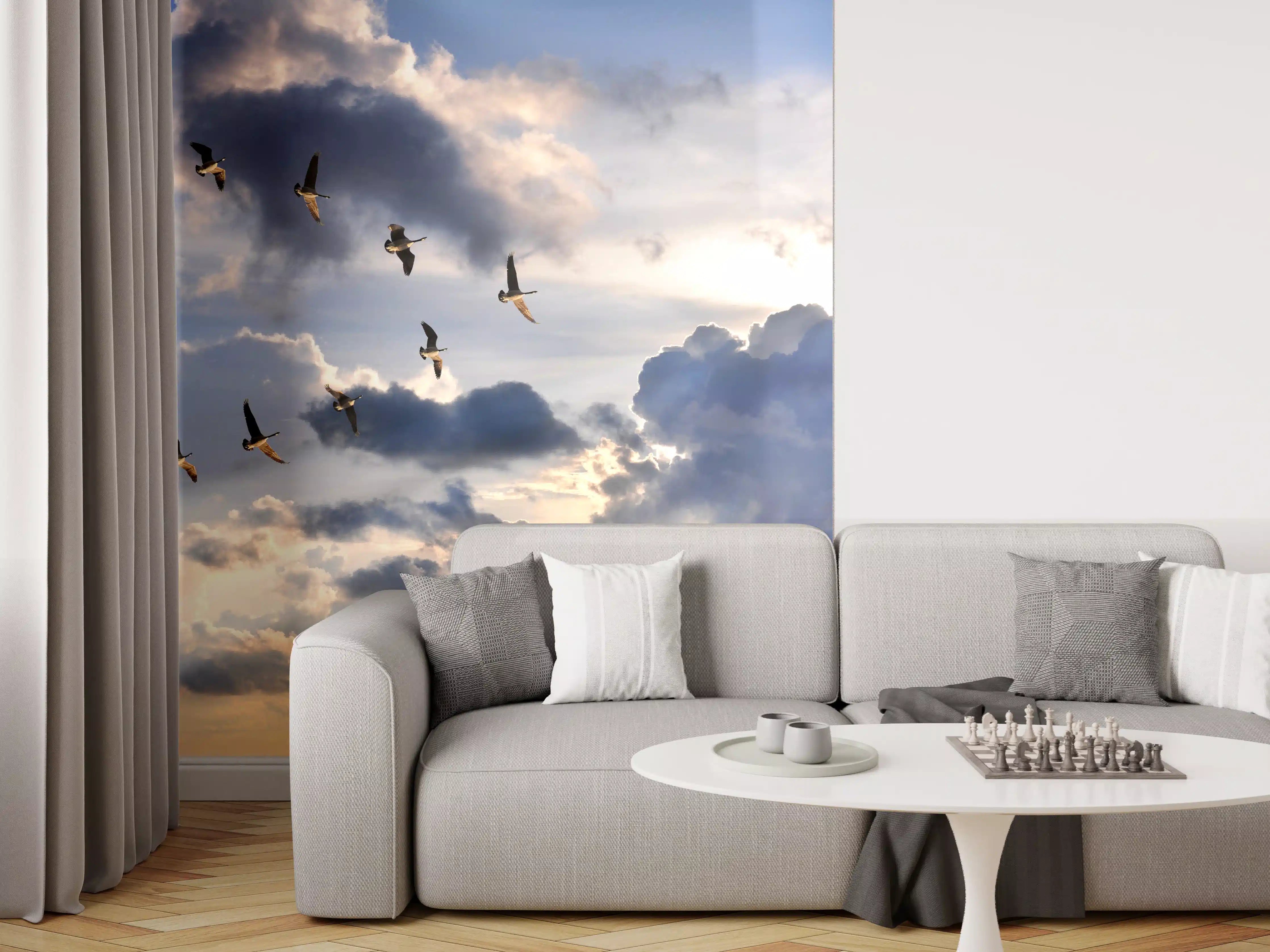Wandverkleidung Wohnzimmer - Graue Schatten im Abendflug