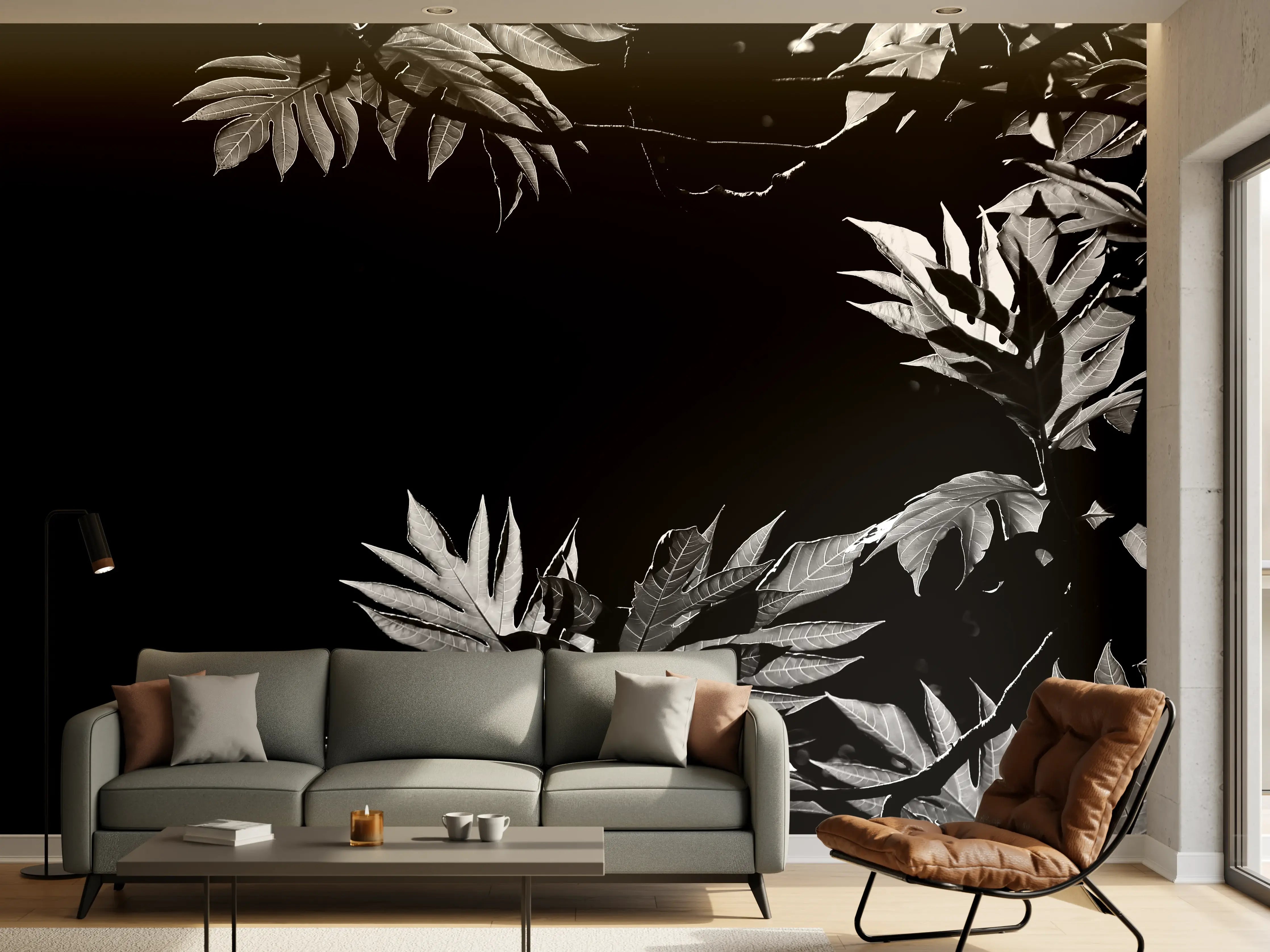 Wandverkleidung Wohnzimmer - Graue Schatten im Blattmuster