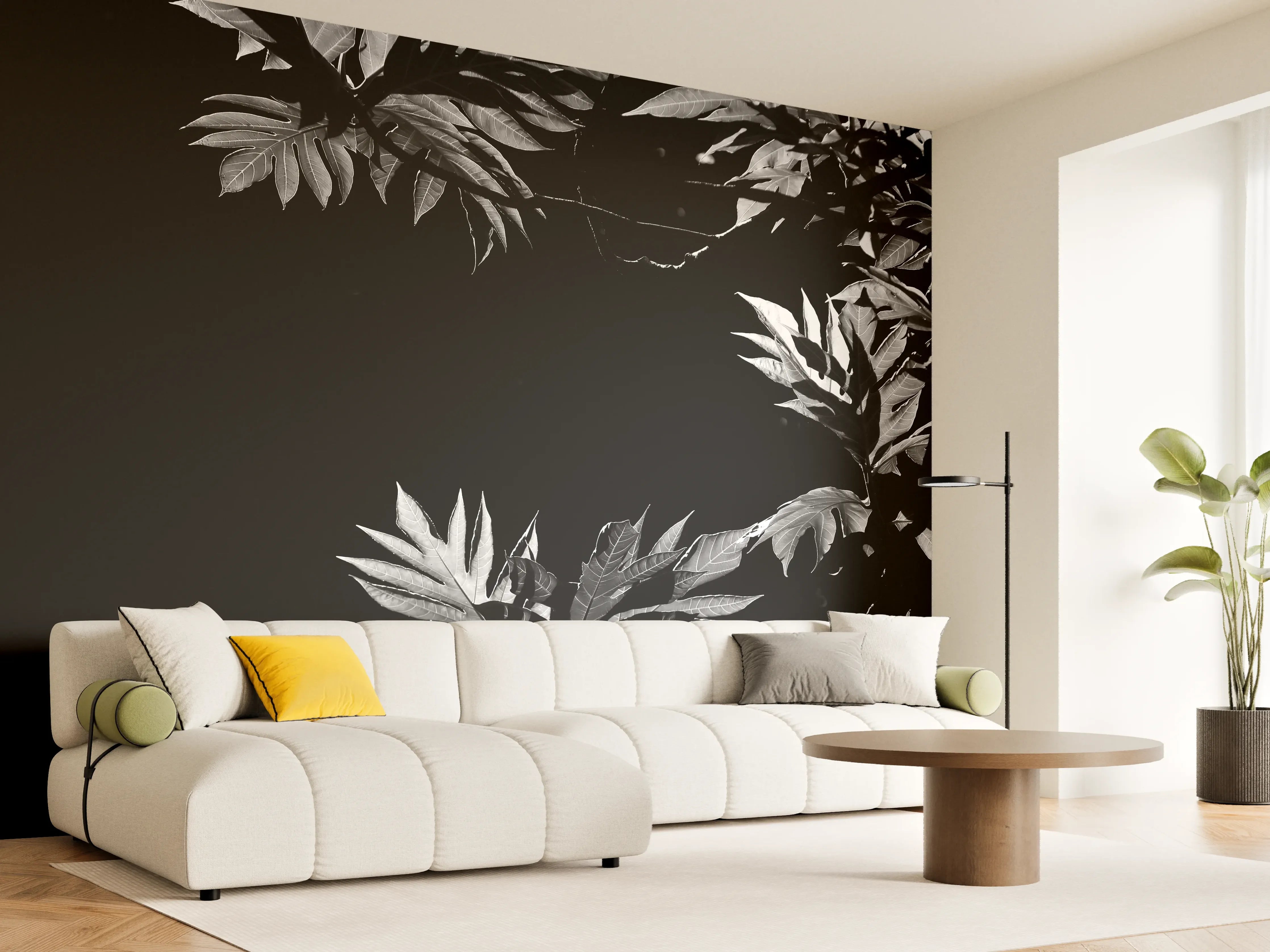 Wandverkleidung Wohnzimmer - Graue Schatten im Blattmuster