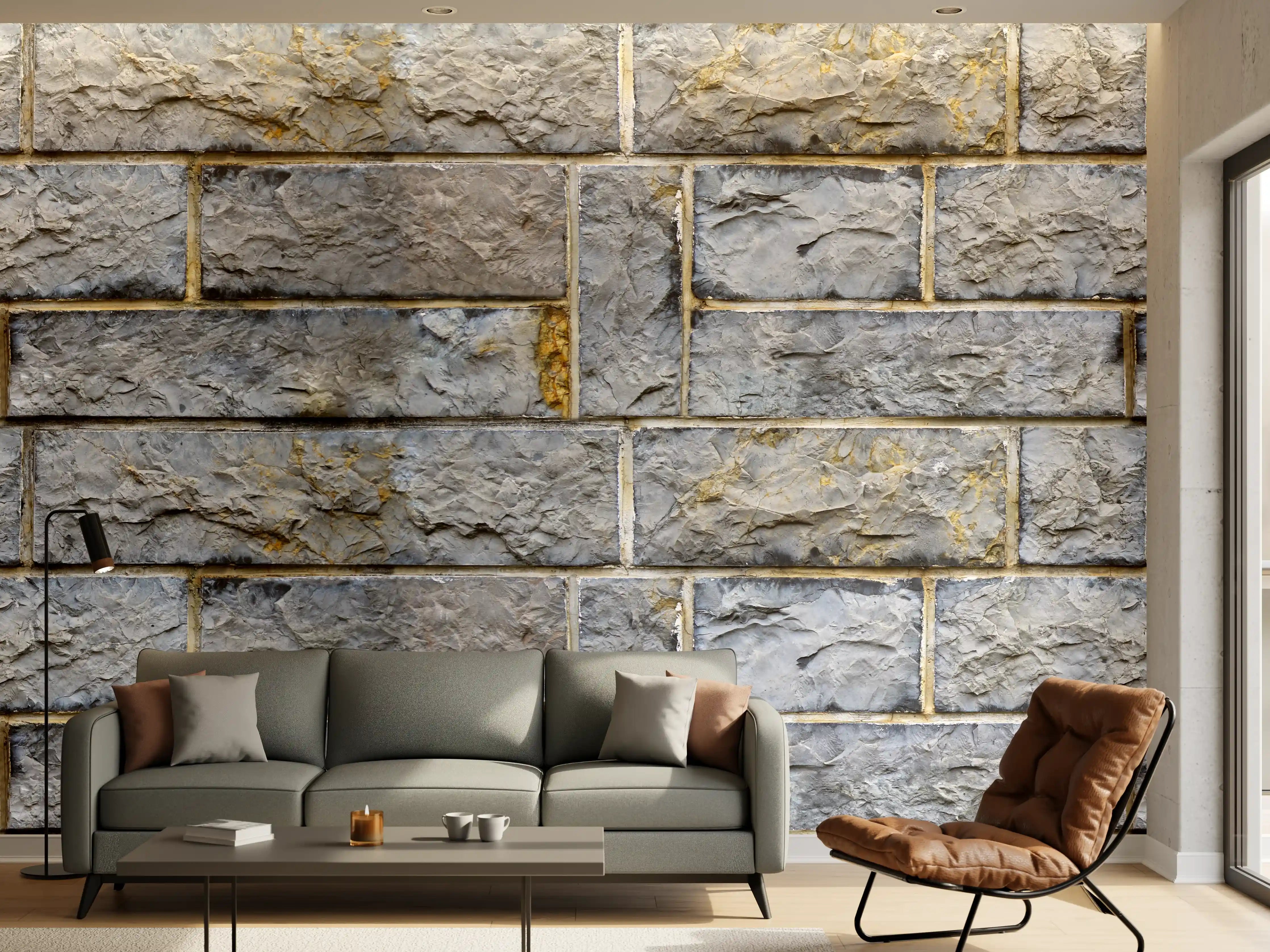 Wandverkleidung Wohnzimmer - Graue Schnittsteinmauer