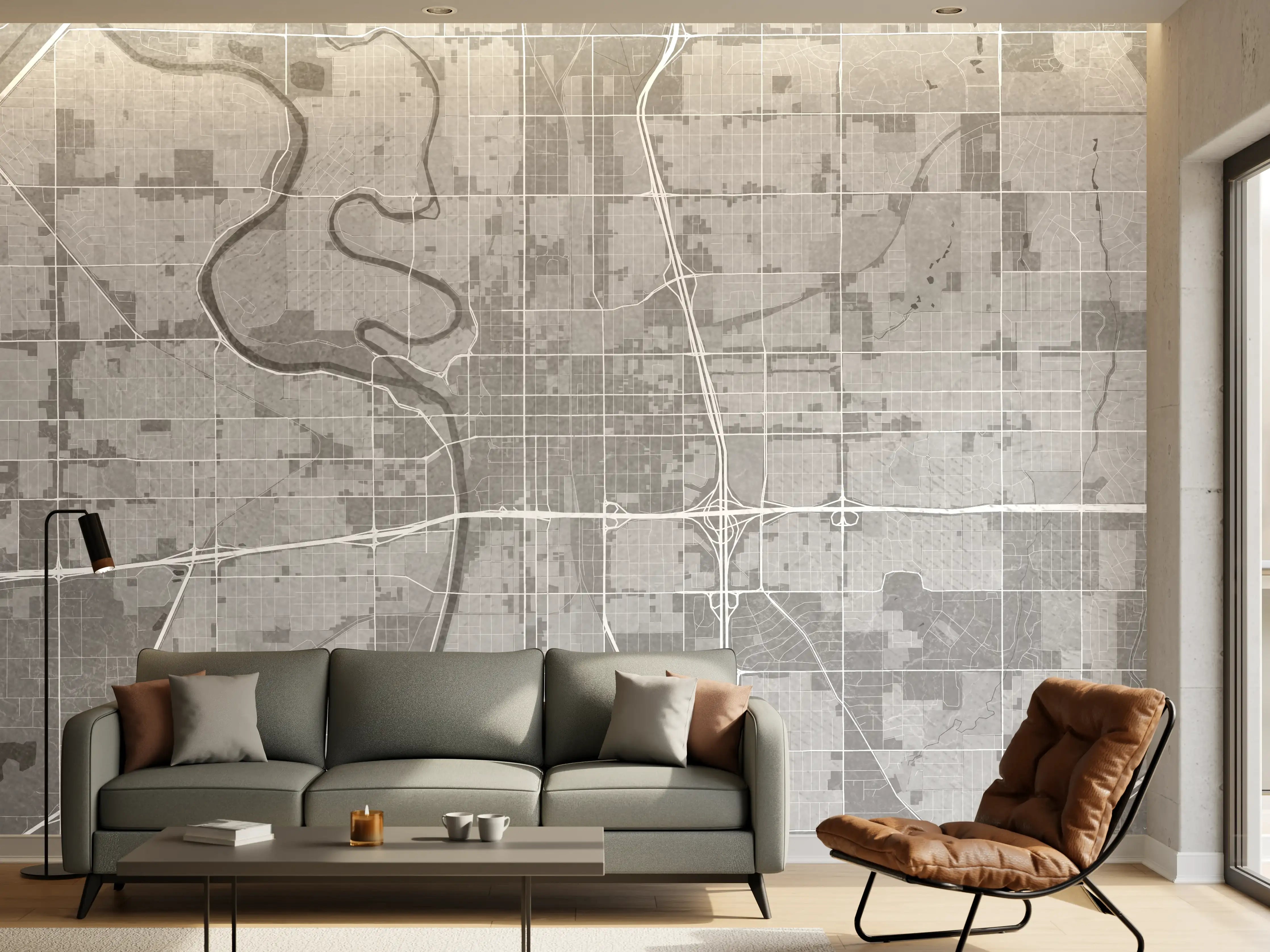 Wandverkleidung Wohnzimmer - Graue Stadtlandschaft in Weißnuancen