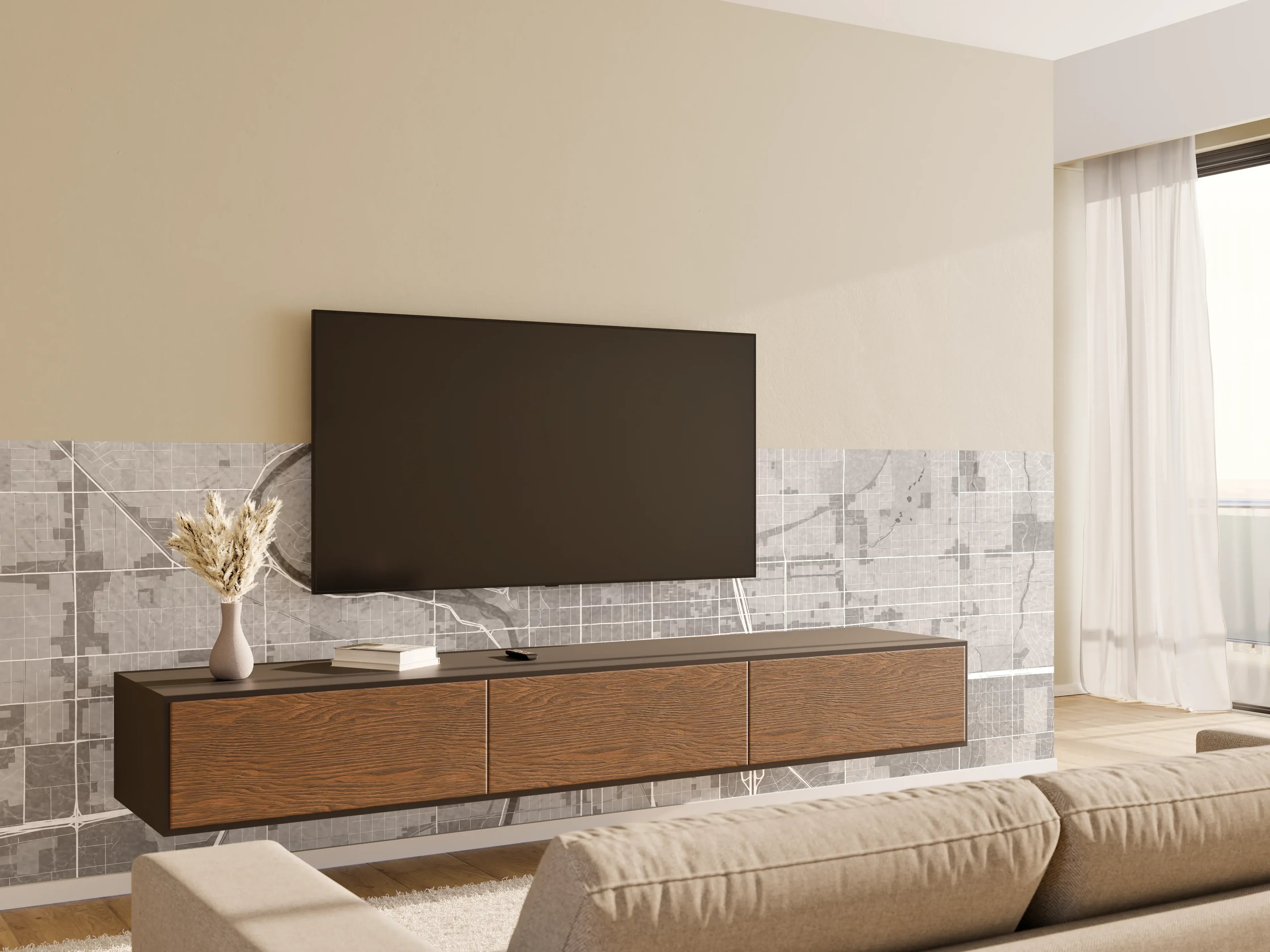 Wandverkleidung Wohnzimmer - Graue Stadtlandschaft in Weißnuancen