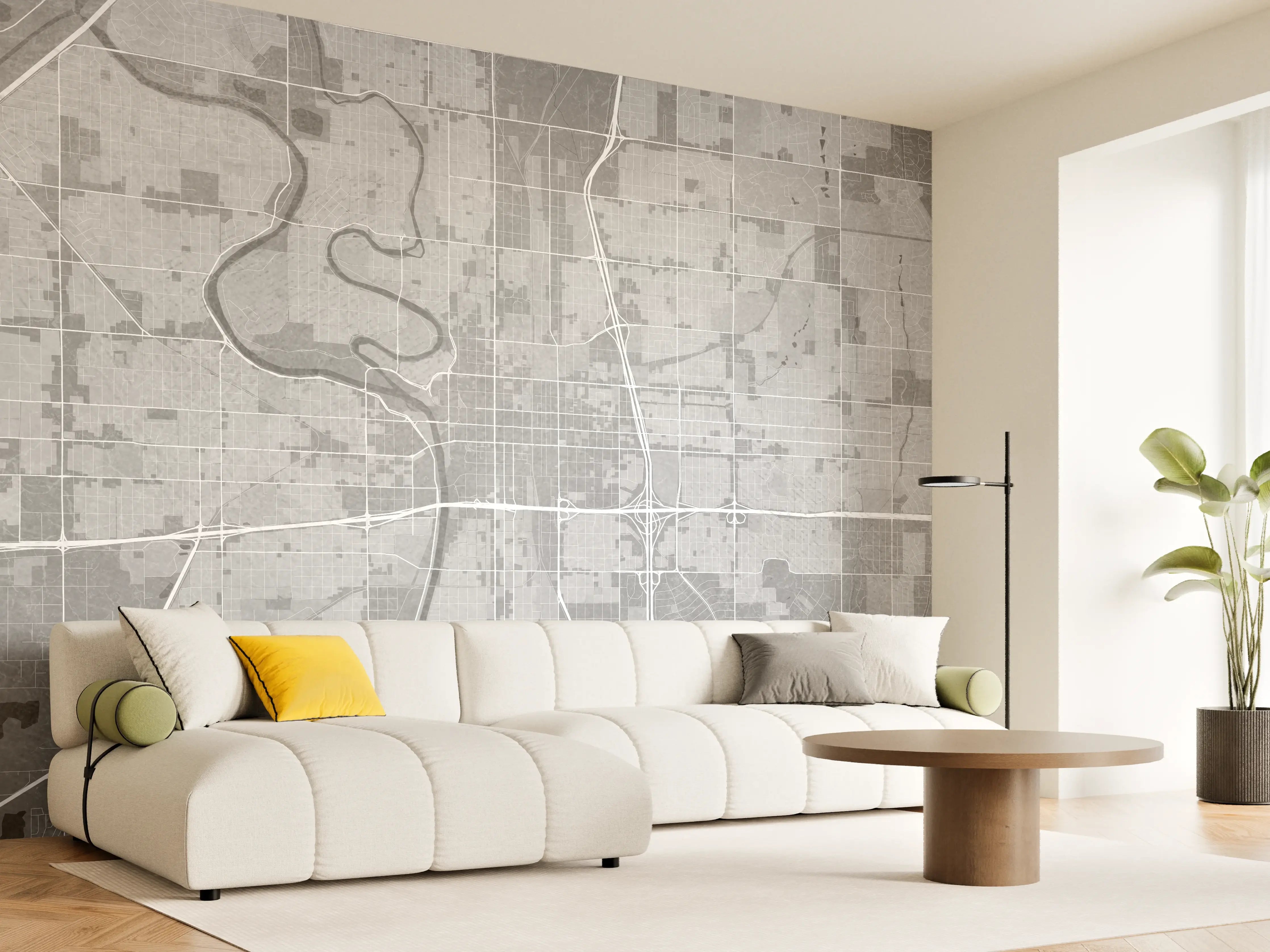 Wandverkleidung Wohnzimmer - Graue Stadtlandschaft in Weißnuancen