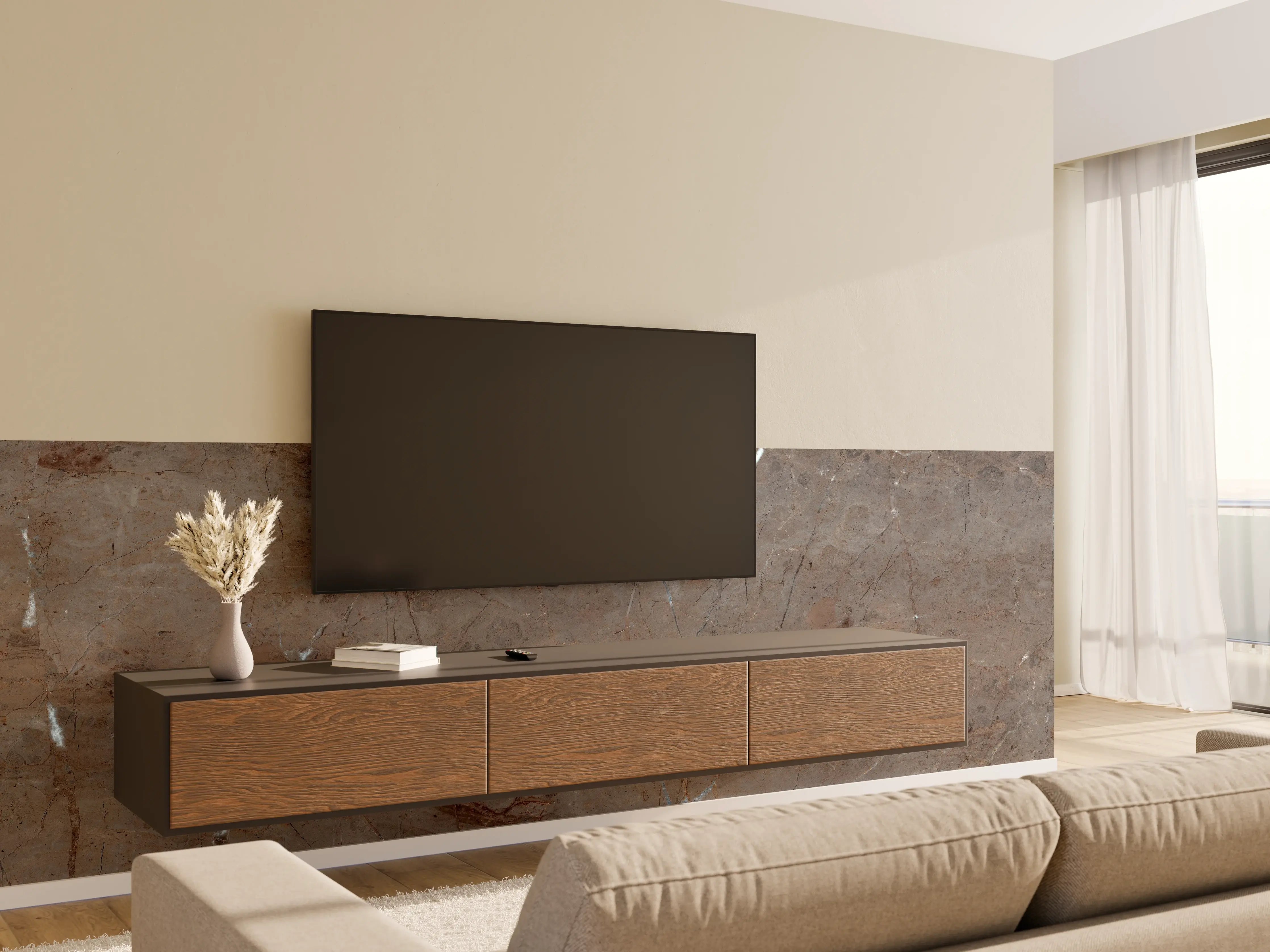 Wandverkleidung Wohnzimmer - Graue Steineffekt-Wand mit Weißakzenten