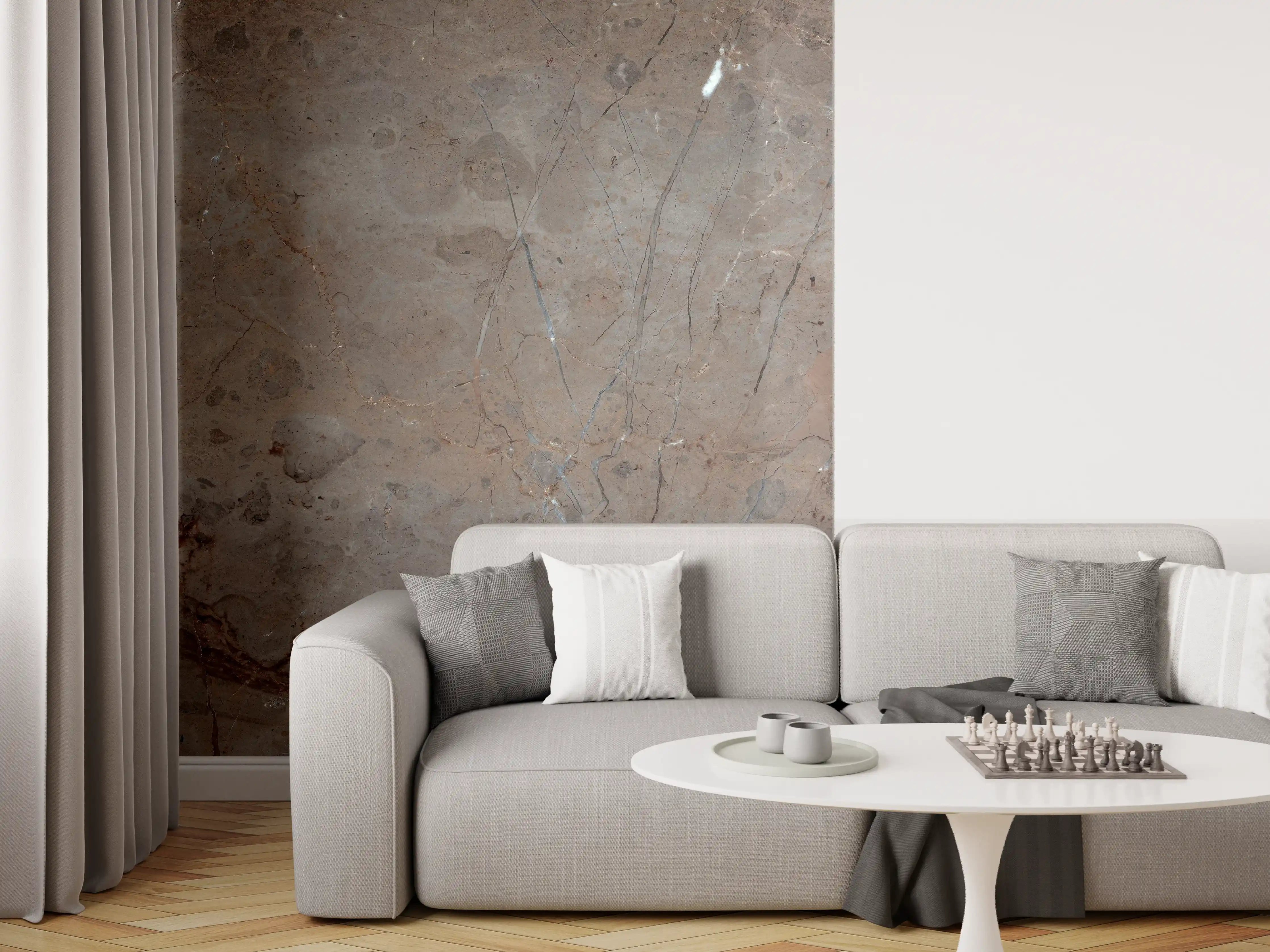 Wandverkleidung Wohnzimmer - Graue Steineffekt-Wand mit Weißakzenten