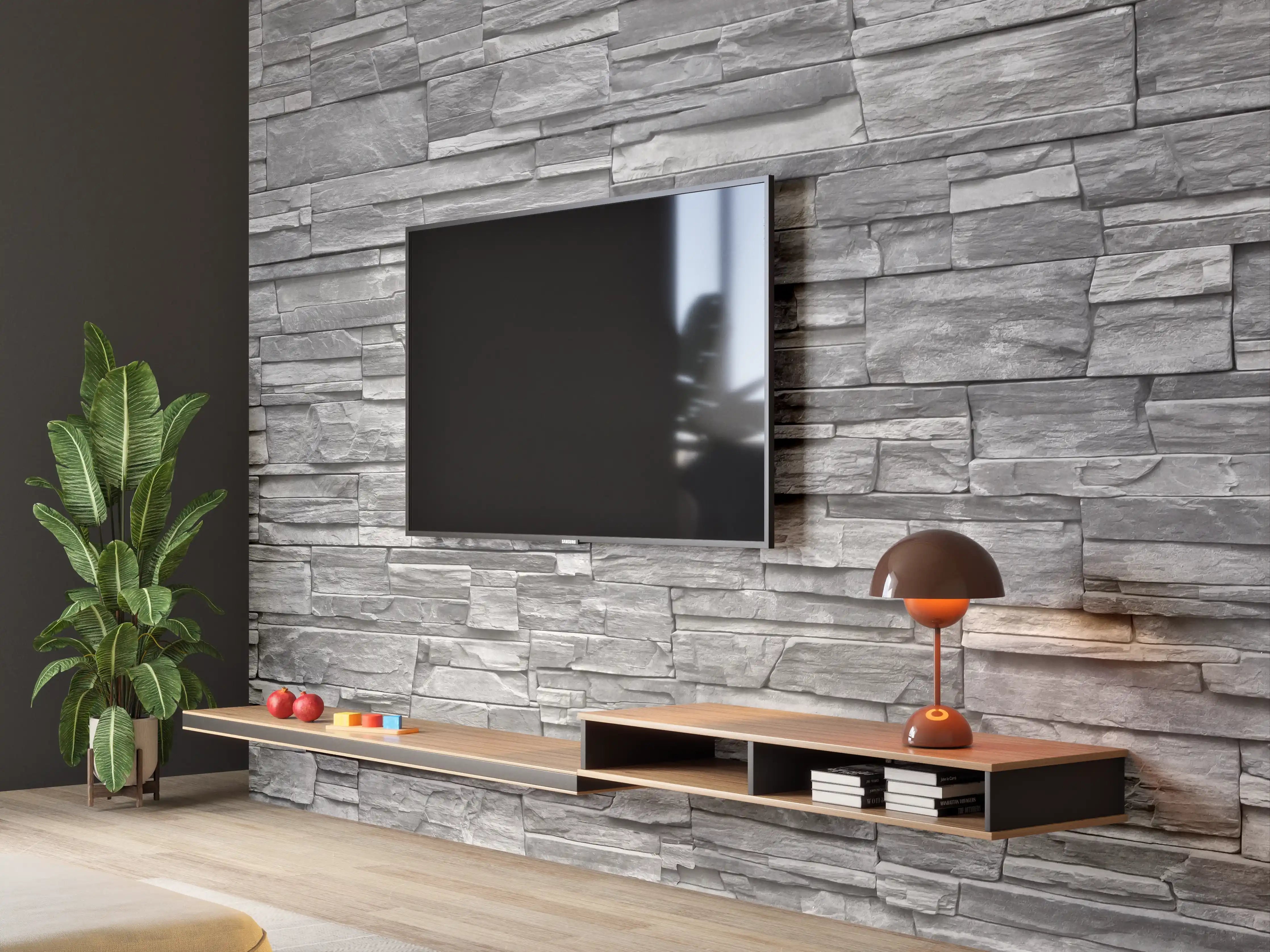 Wandverkleidung Wohnzimmer - Graue Steinwand