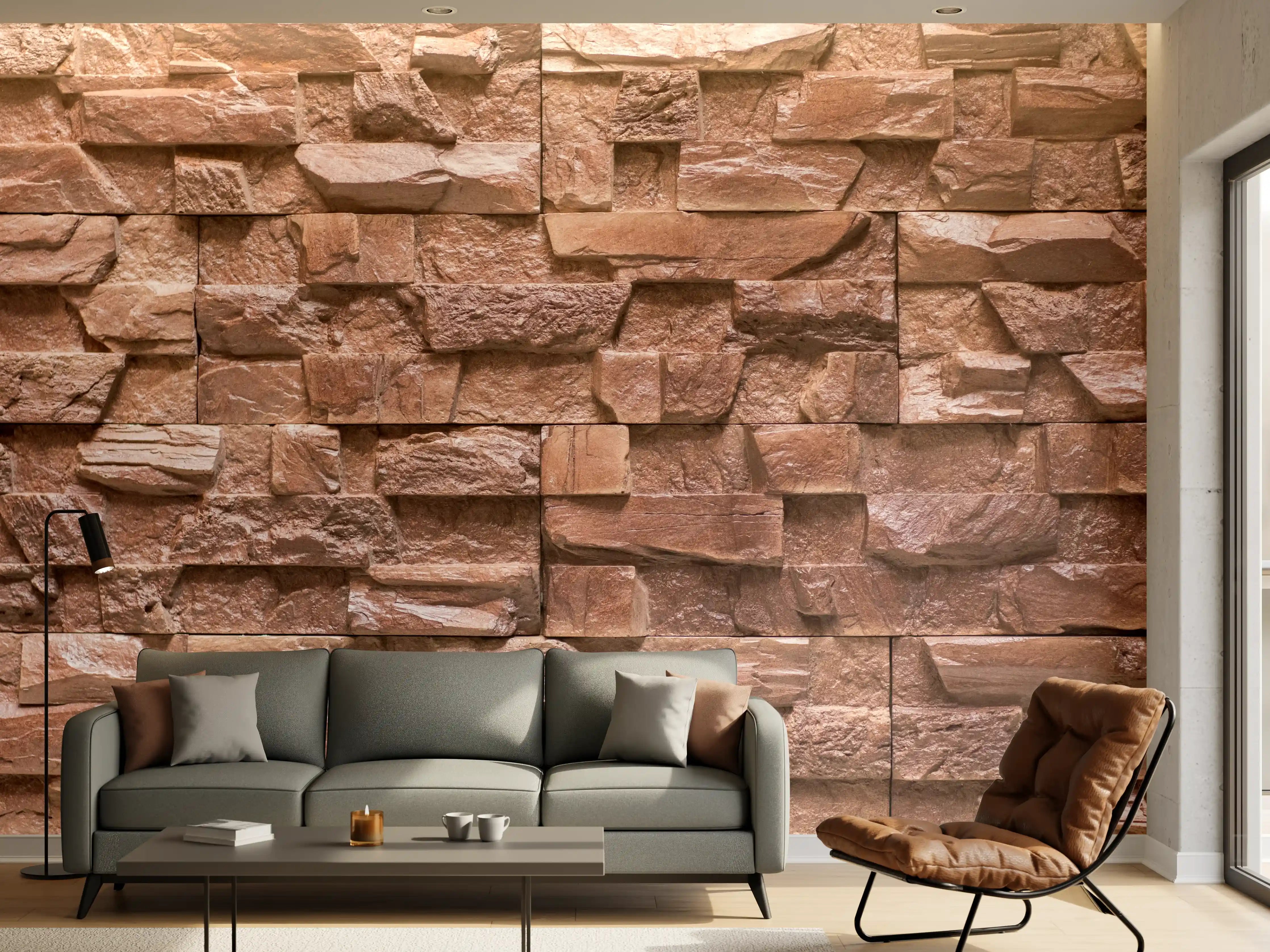 Wandverkleidung Wohnzimmer - Graue Steinwand mit weißen Akzenten