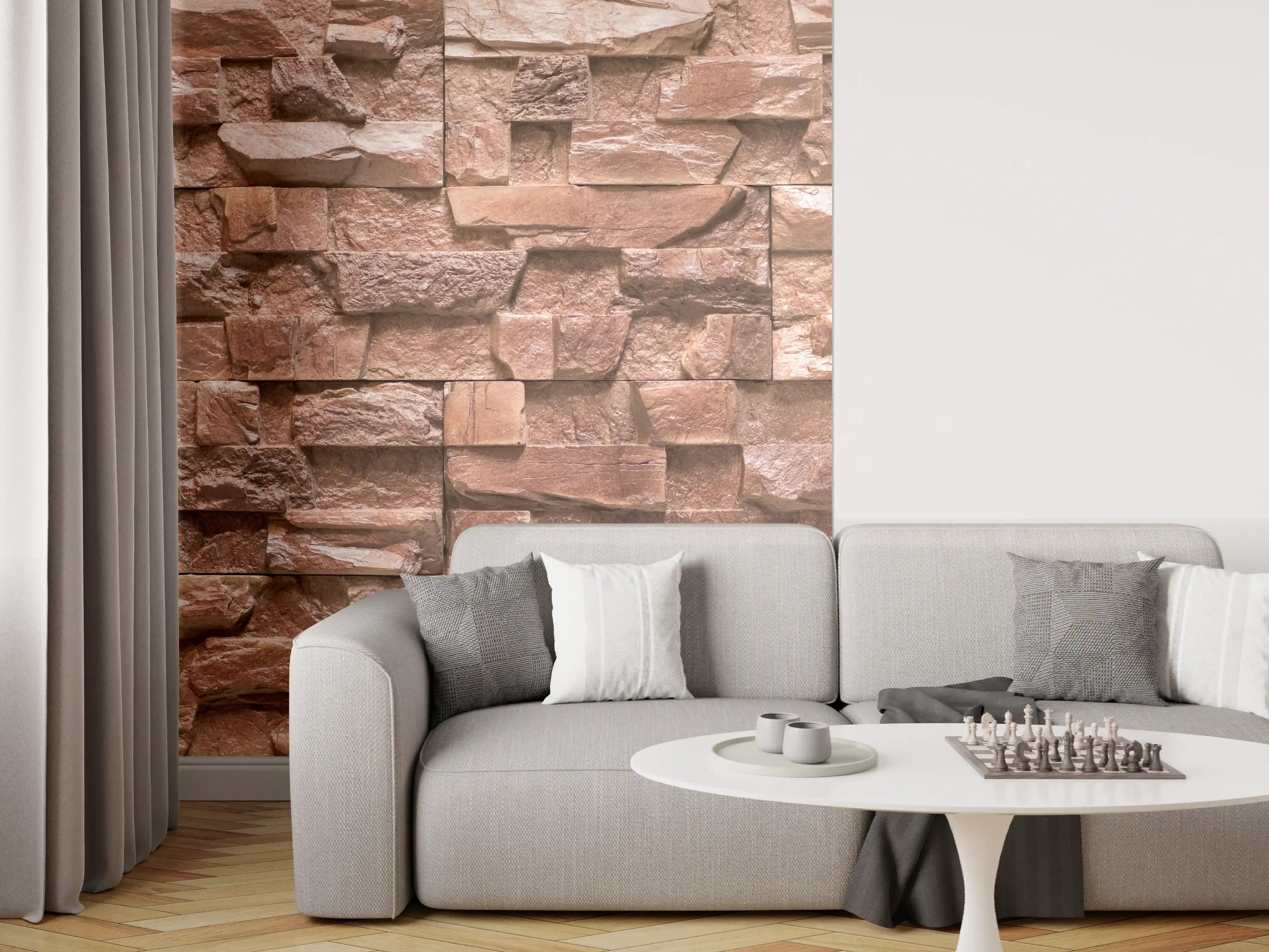 Wandverkleidung Wohnzimmer - Graue Steinwand mit weißen Akzenten