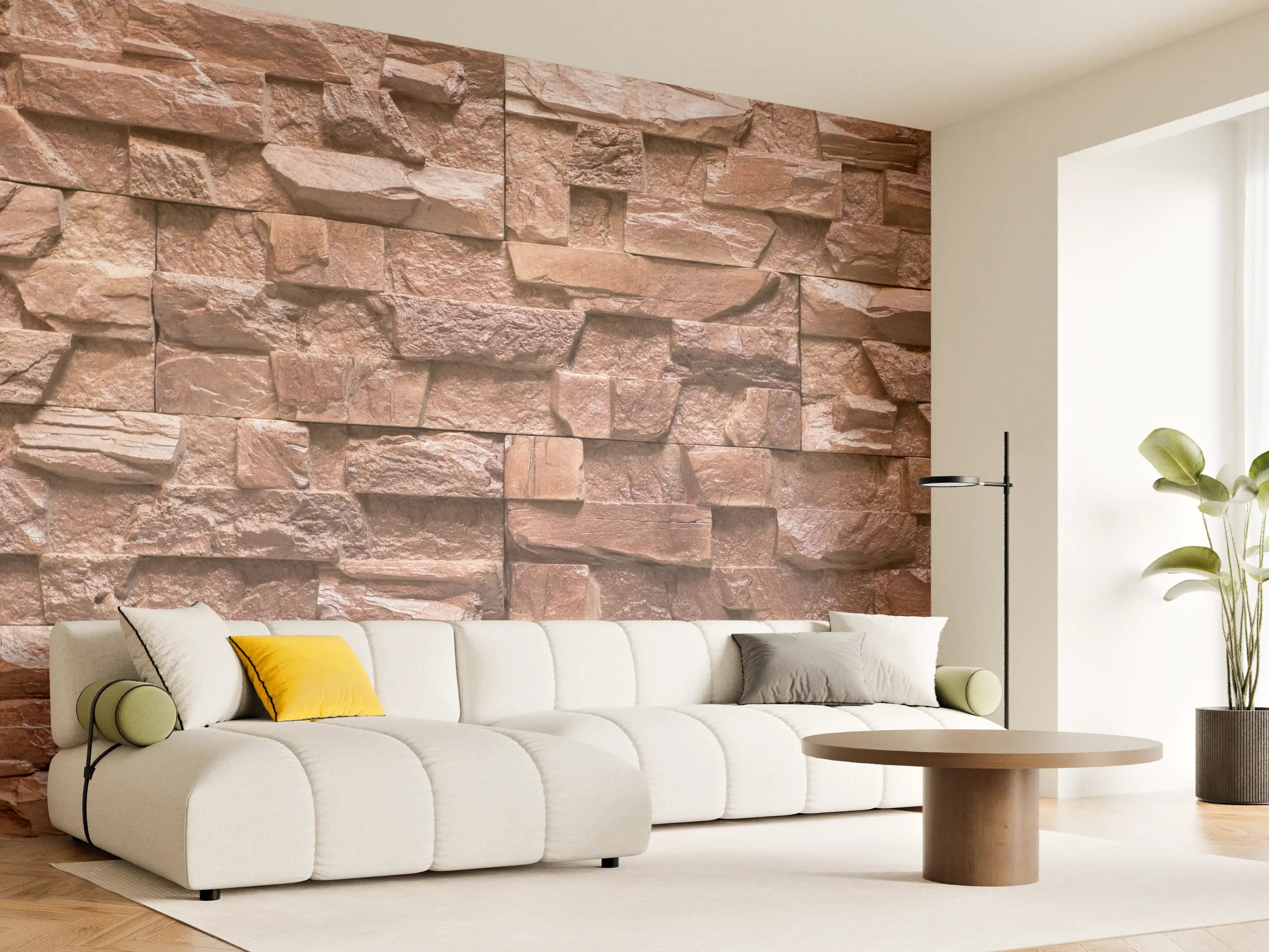 Wandverkleidung Wohnzimmer - Graue Steinwand mit weißen Akzenten