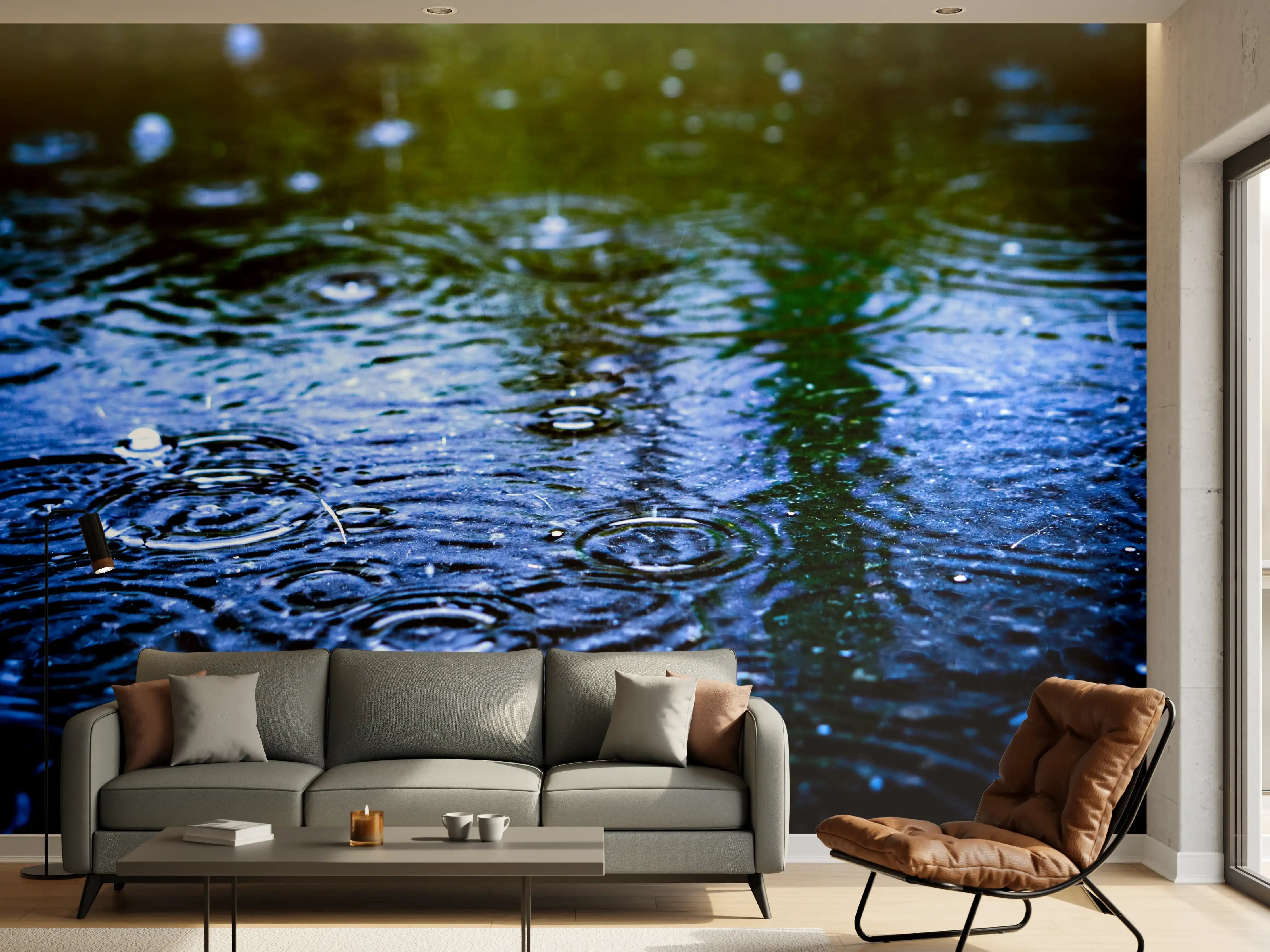 Wandverkleidung Wohnzimmer - Graue Tropfen auf weißer Wasserhaut