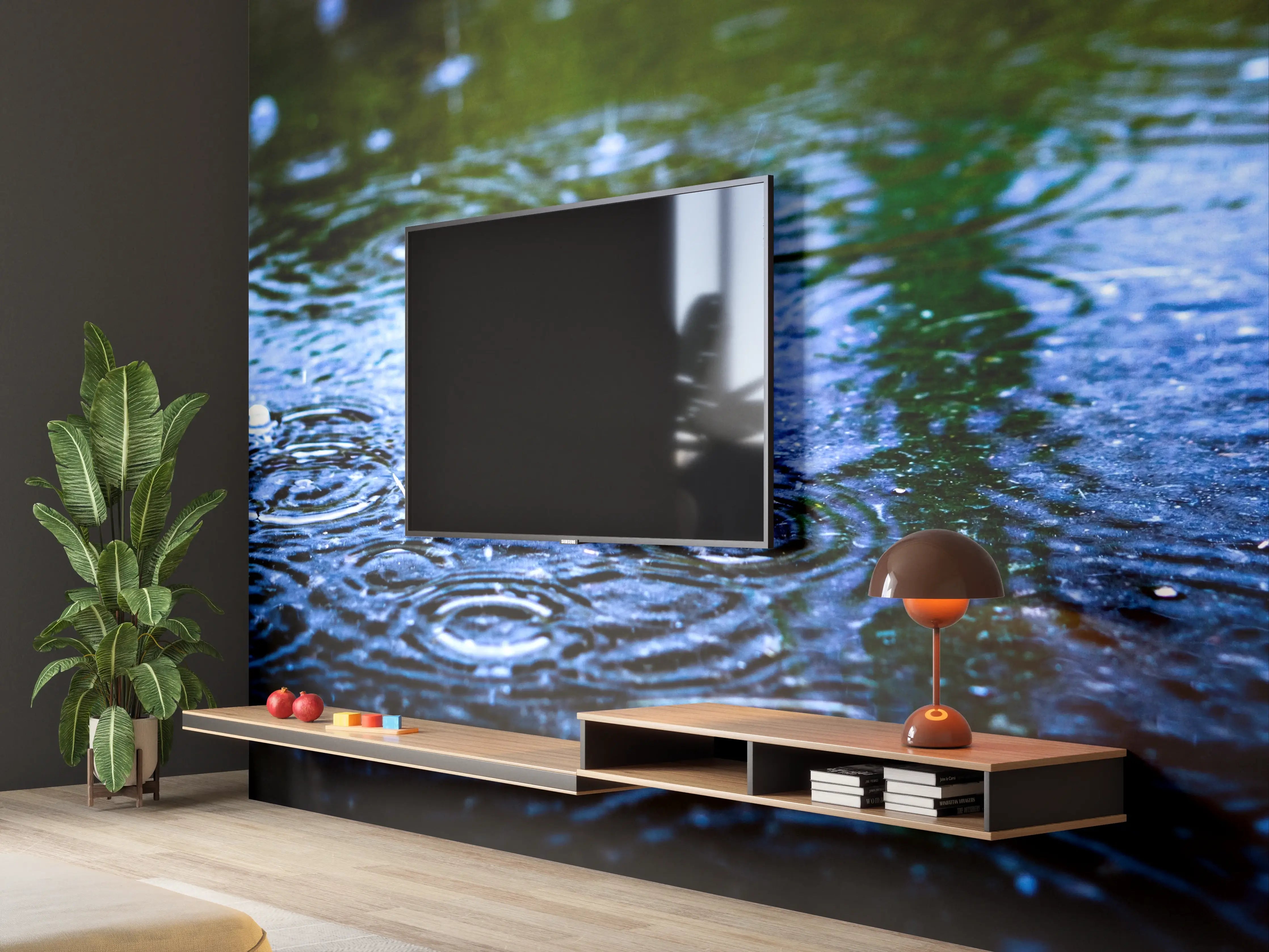 Wandverkleidung Wohnzimmer - Graue Tropfen auf weißer Wasserhaut