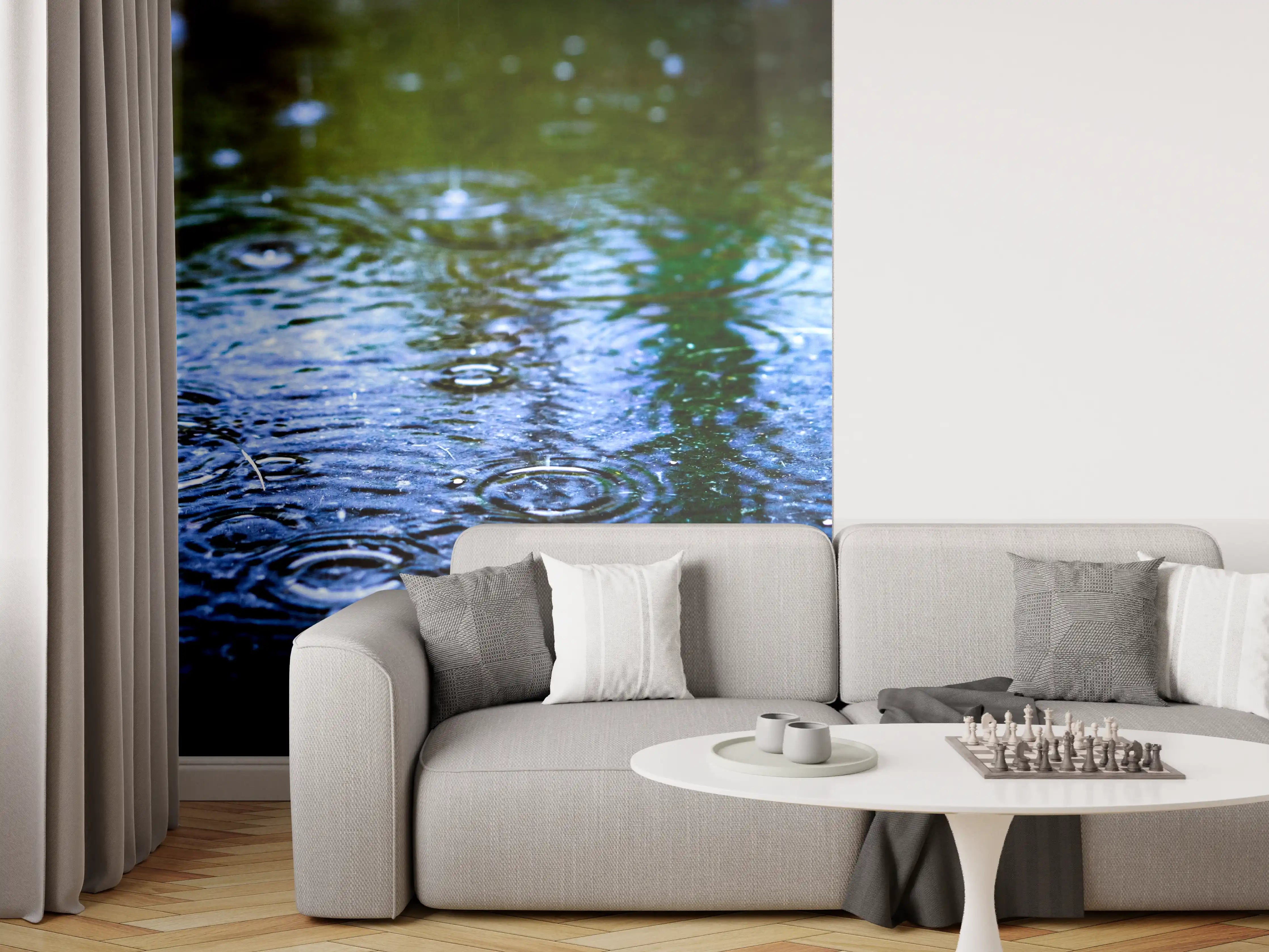 Wandverkleidung Wohnzimmer - Graue Tropfen auf weißer Wasserhaut