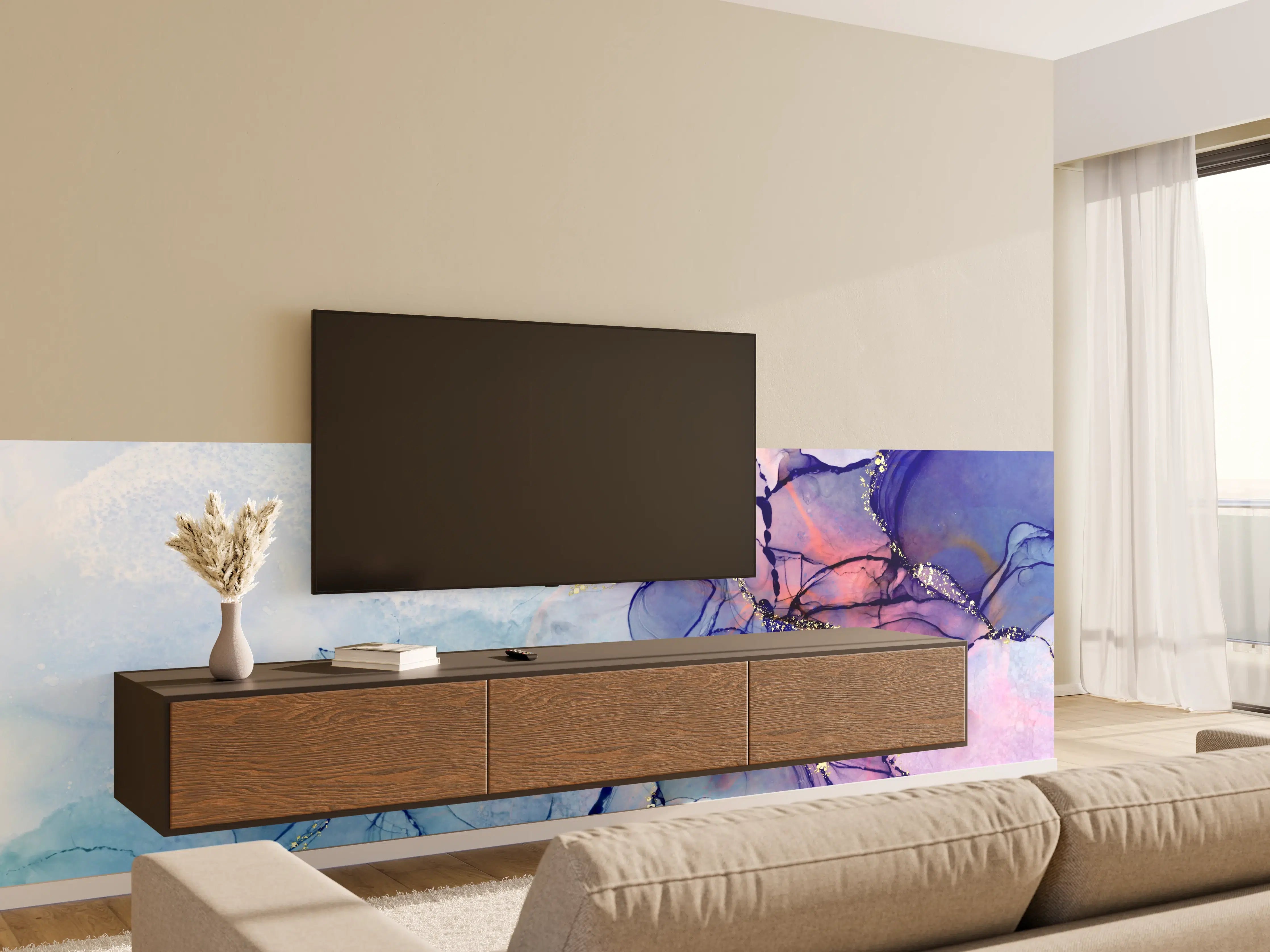 Wandverkleidung Wohnzimmer - Graue Wasserfarbenkunst mit Goldakzenten