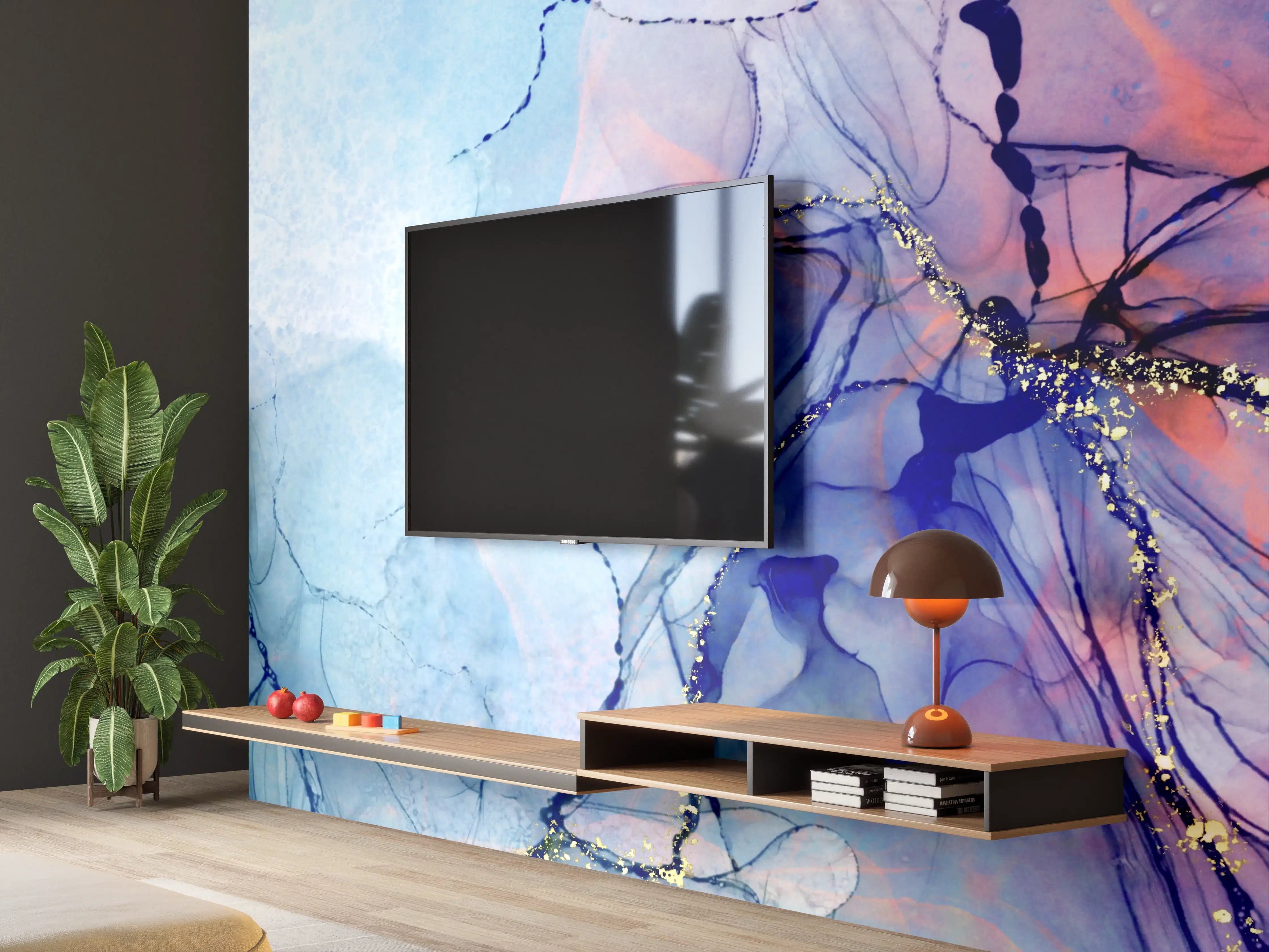 Wandverkleidung Wohnzimmer - Graue Wasserfarbenkunst mit Goldakzenten