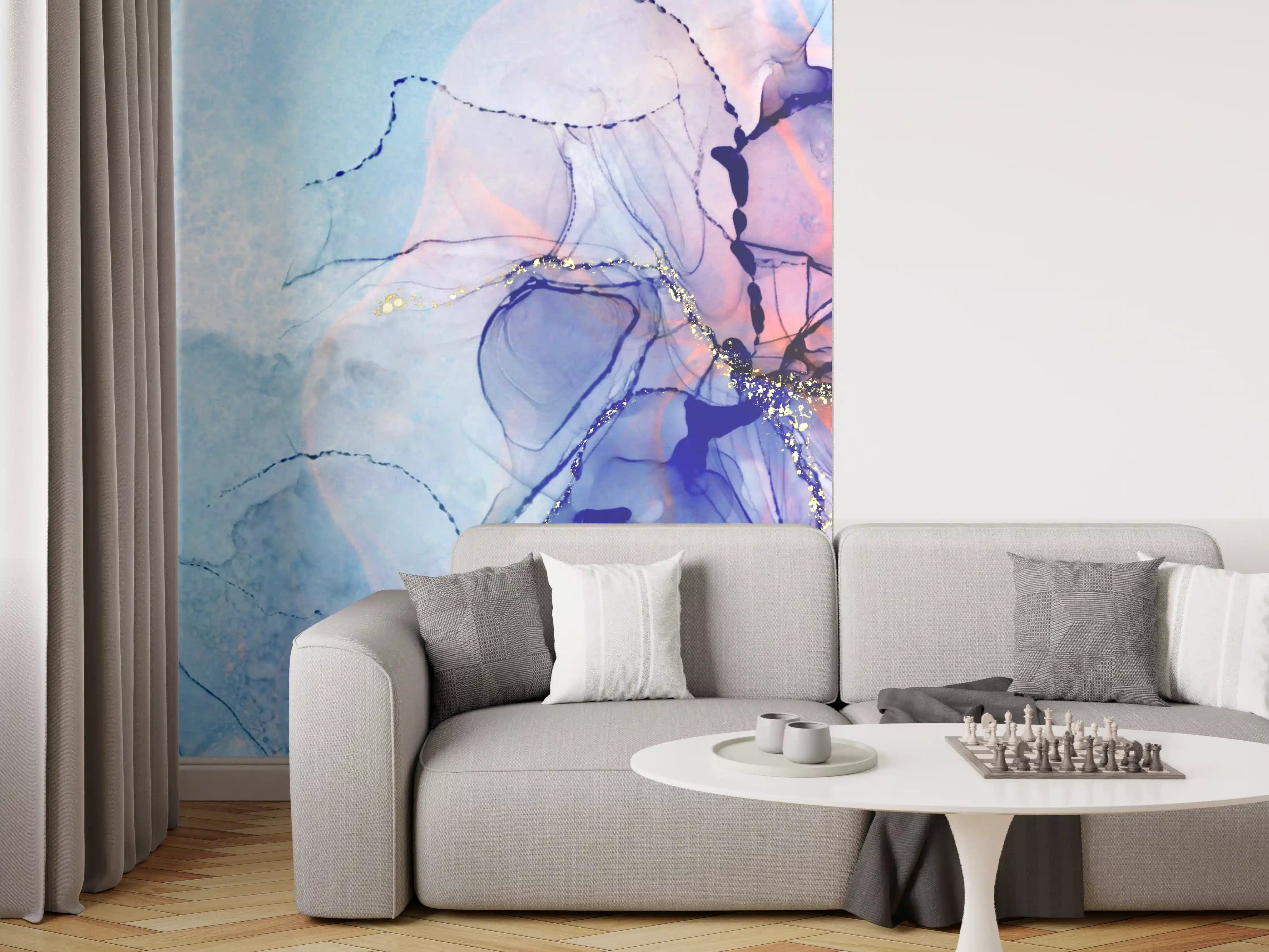 Wandverkleidung Wohnzimmer - Graue Wasserfarbenkunst mit Goldakzenten