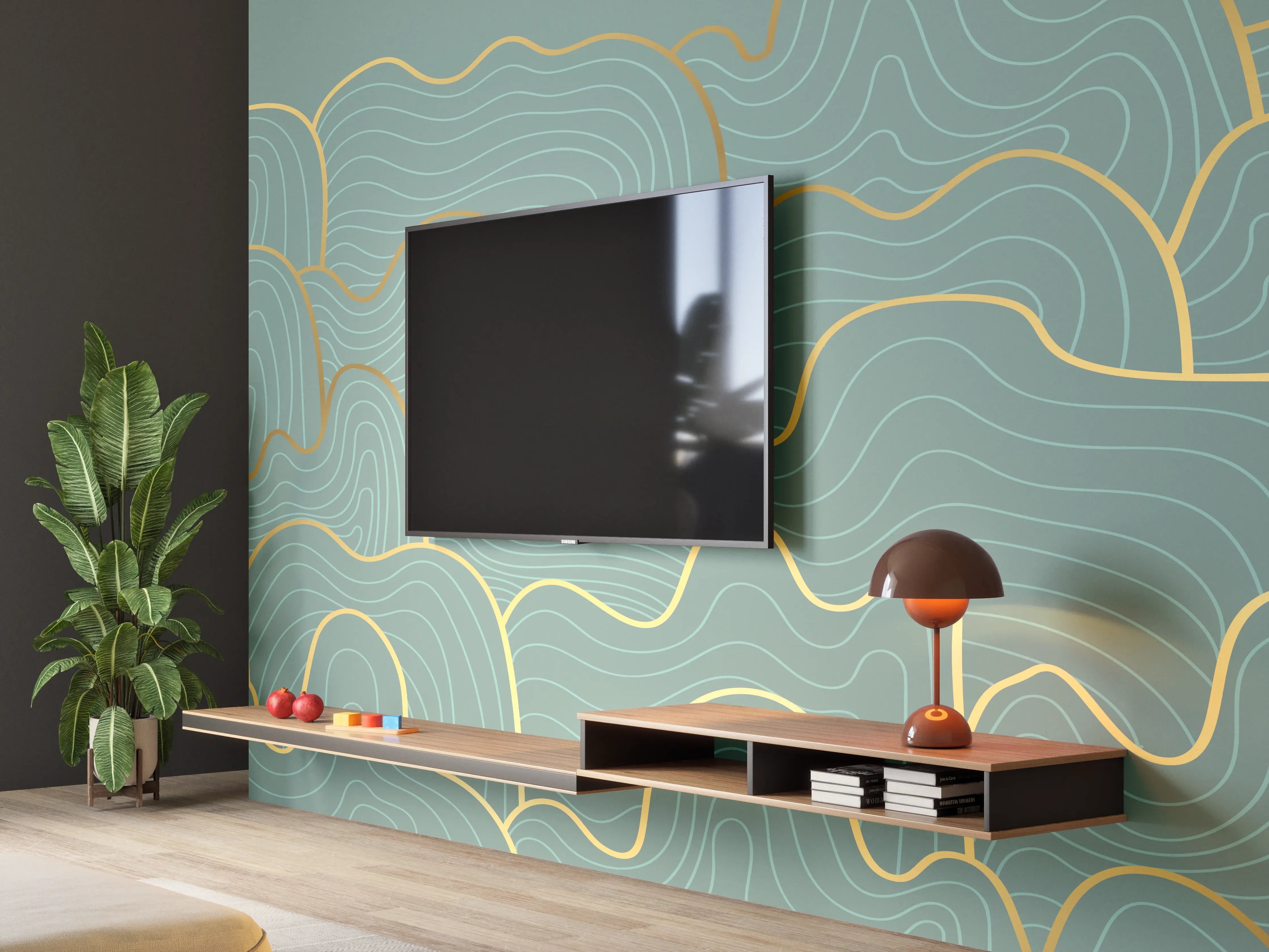 Wandverkleidung Wohnzimmer - Graue Wellenlinien mit Goldakzent