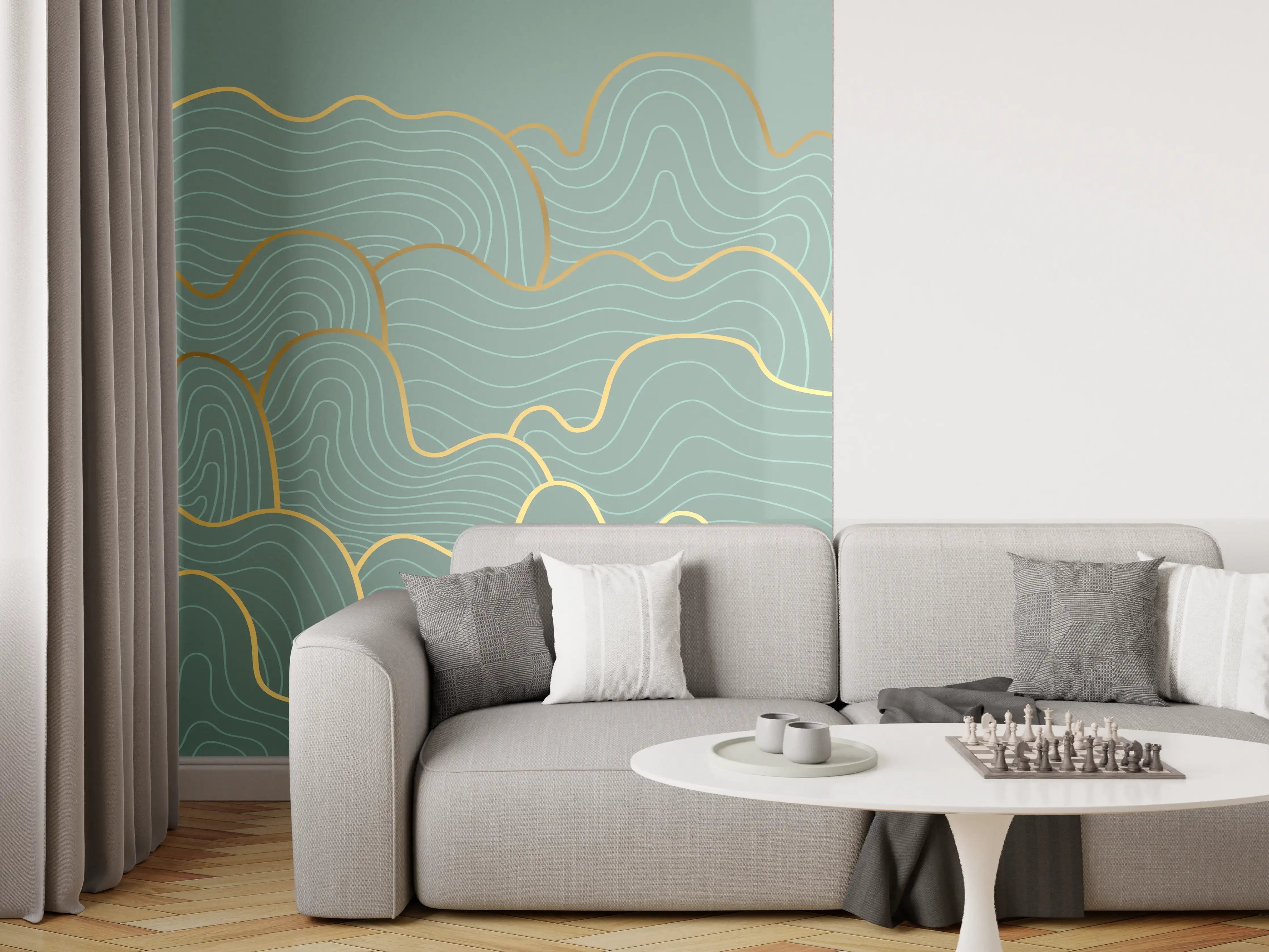 Wandverkleidung Wohnzimmer - Graue Wellenlinien mit Goldakzent
