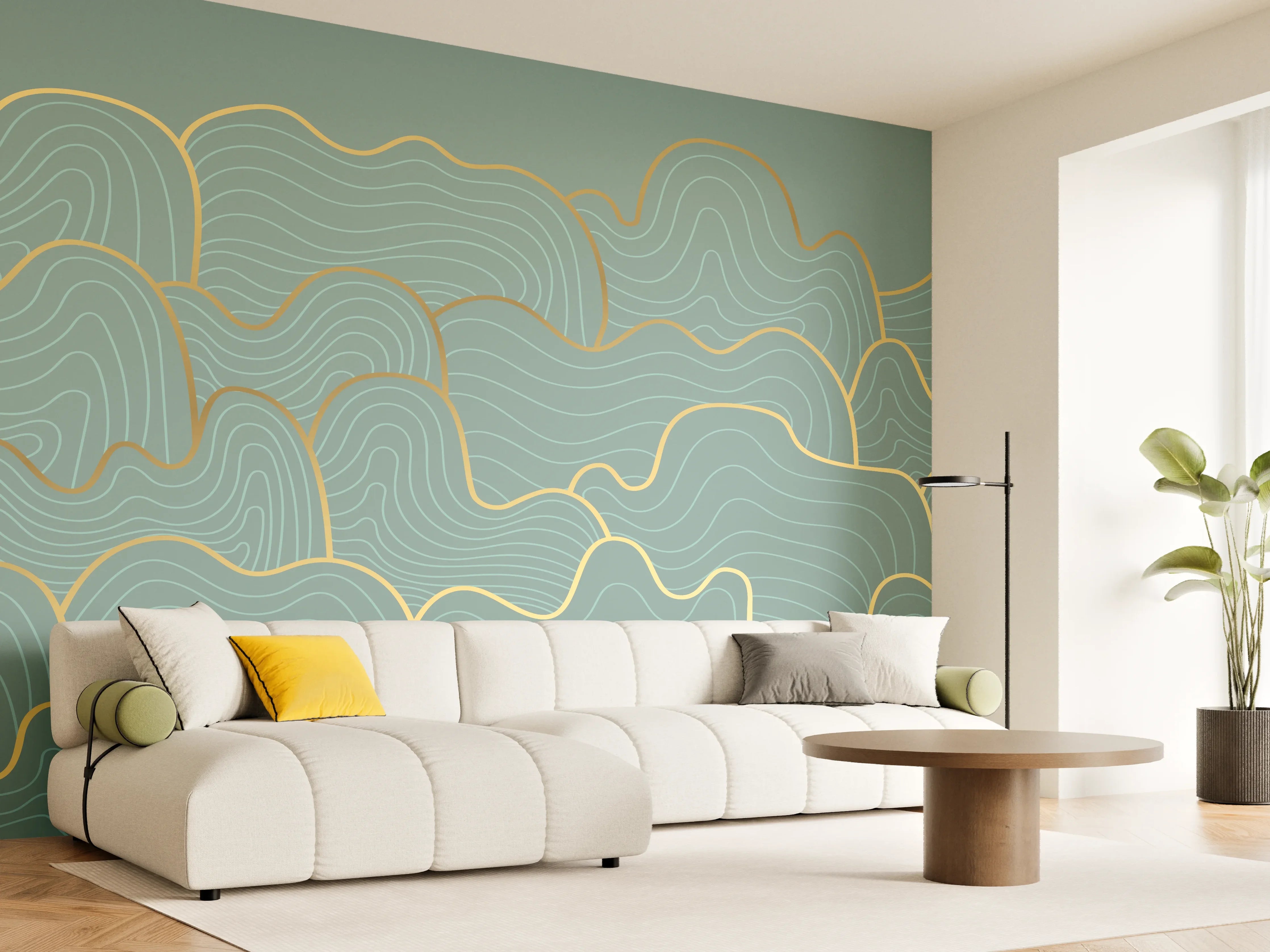Wandverkleidung Wohnzimmer - Graue Wellenlinien mit Goldakzent