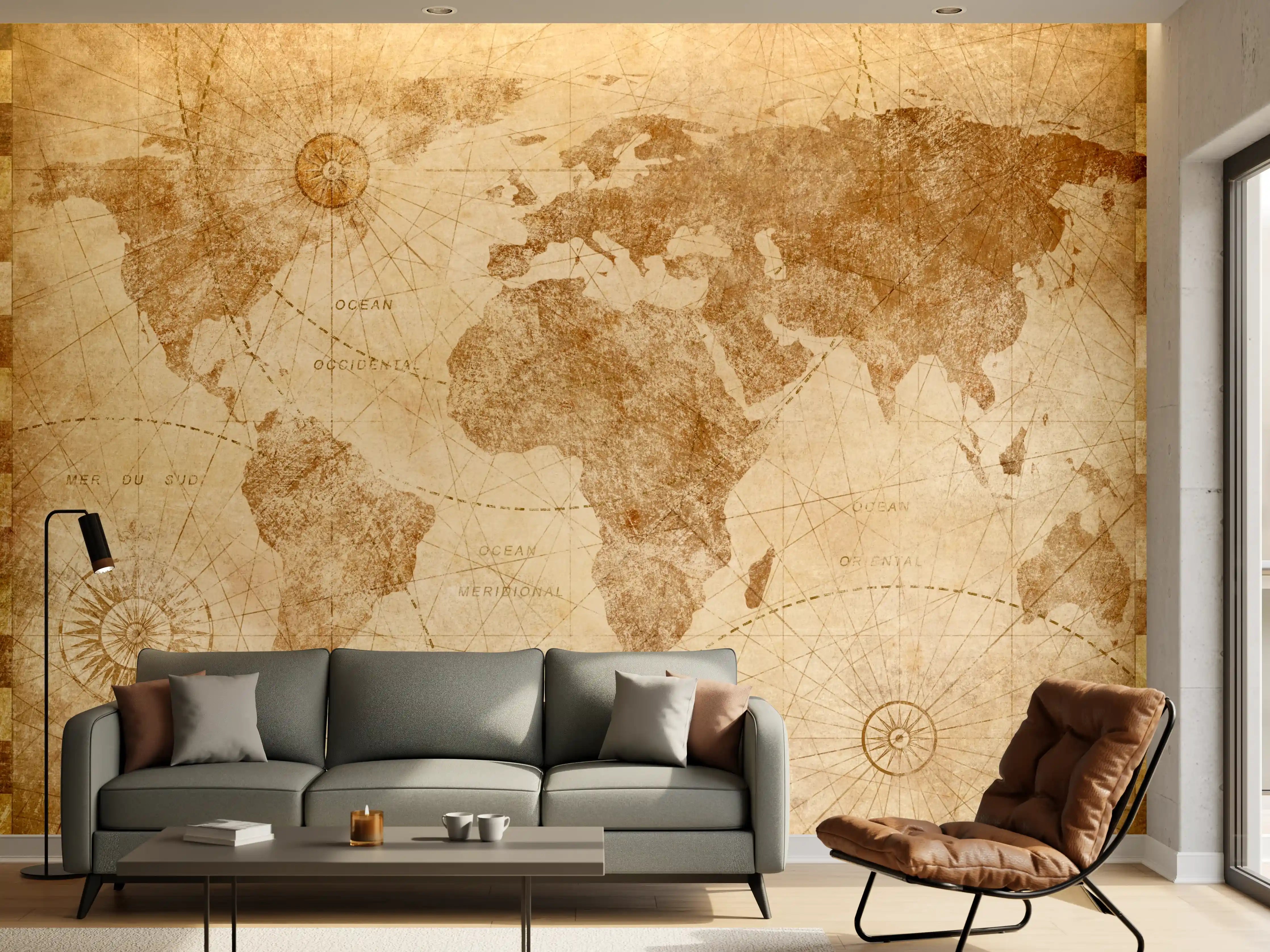 Wandverkleidung Wohnzimmer - Graue Weltkarte im Retro-Design