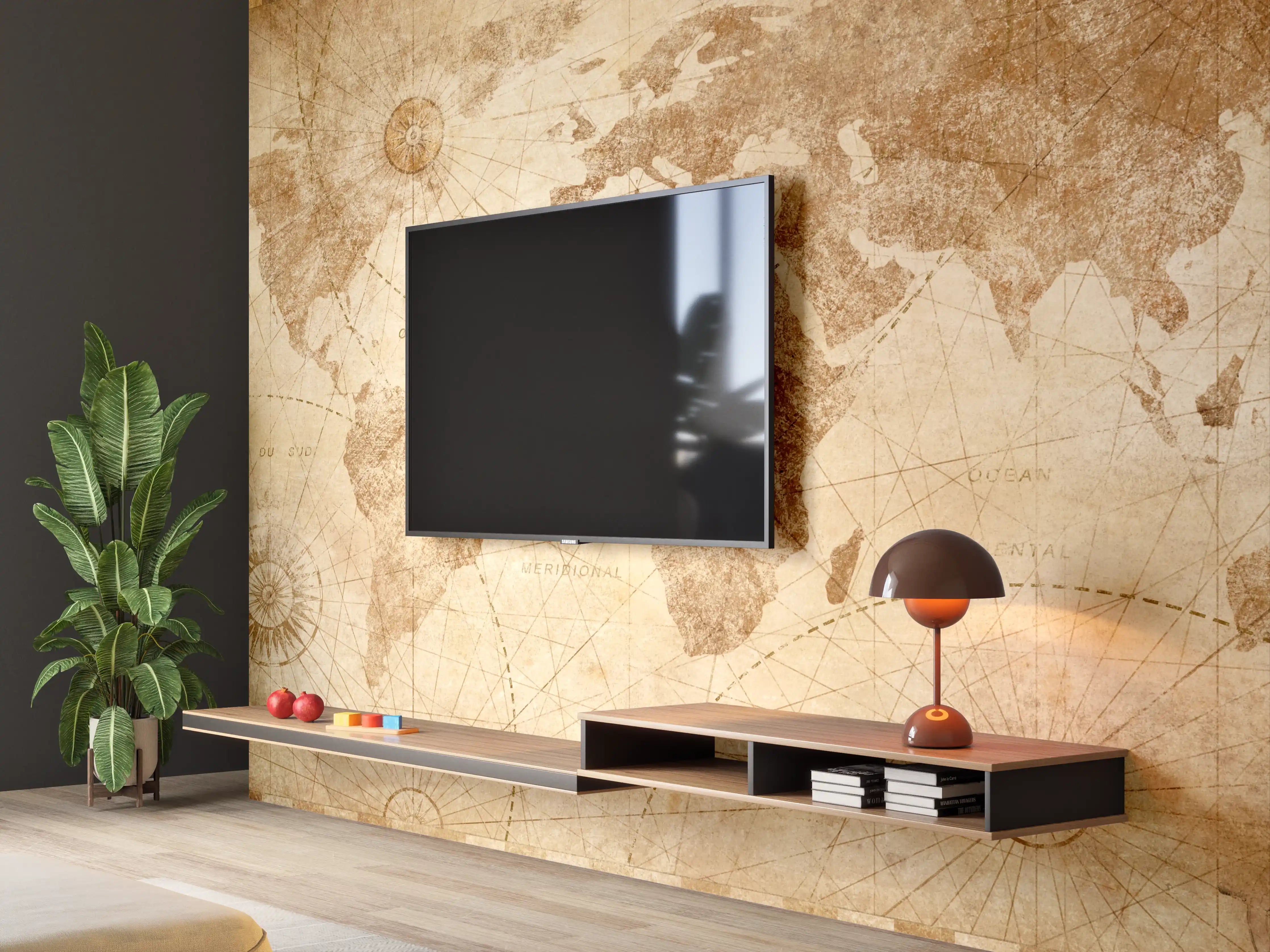 Wandverkleidung Wohnzimmer - Graue Weltkarte im Retro-Design