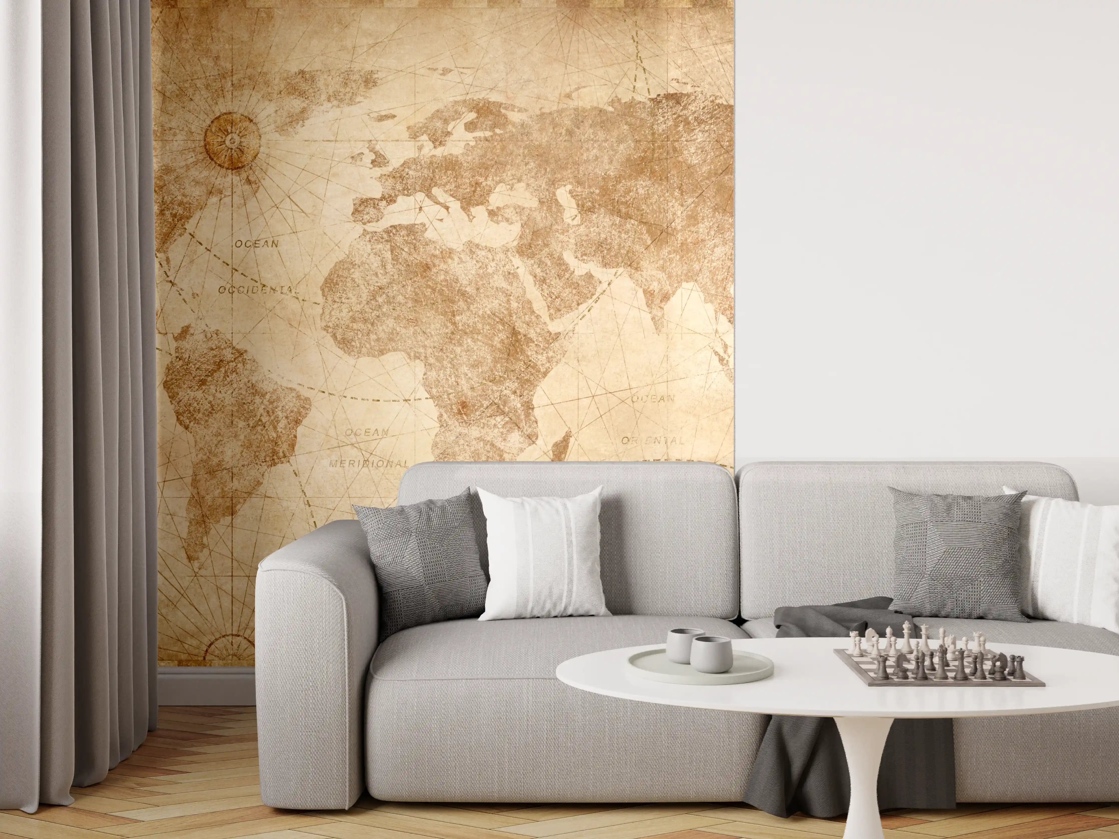 Wandverkleidung Wohnzimmer - Graue Weltkarte im Retro-Design
