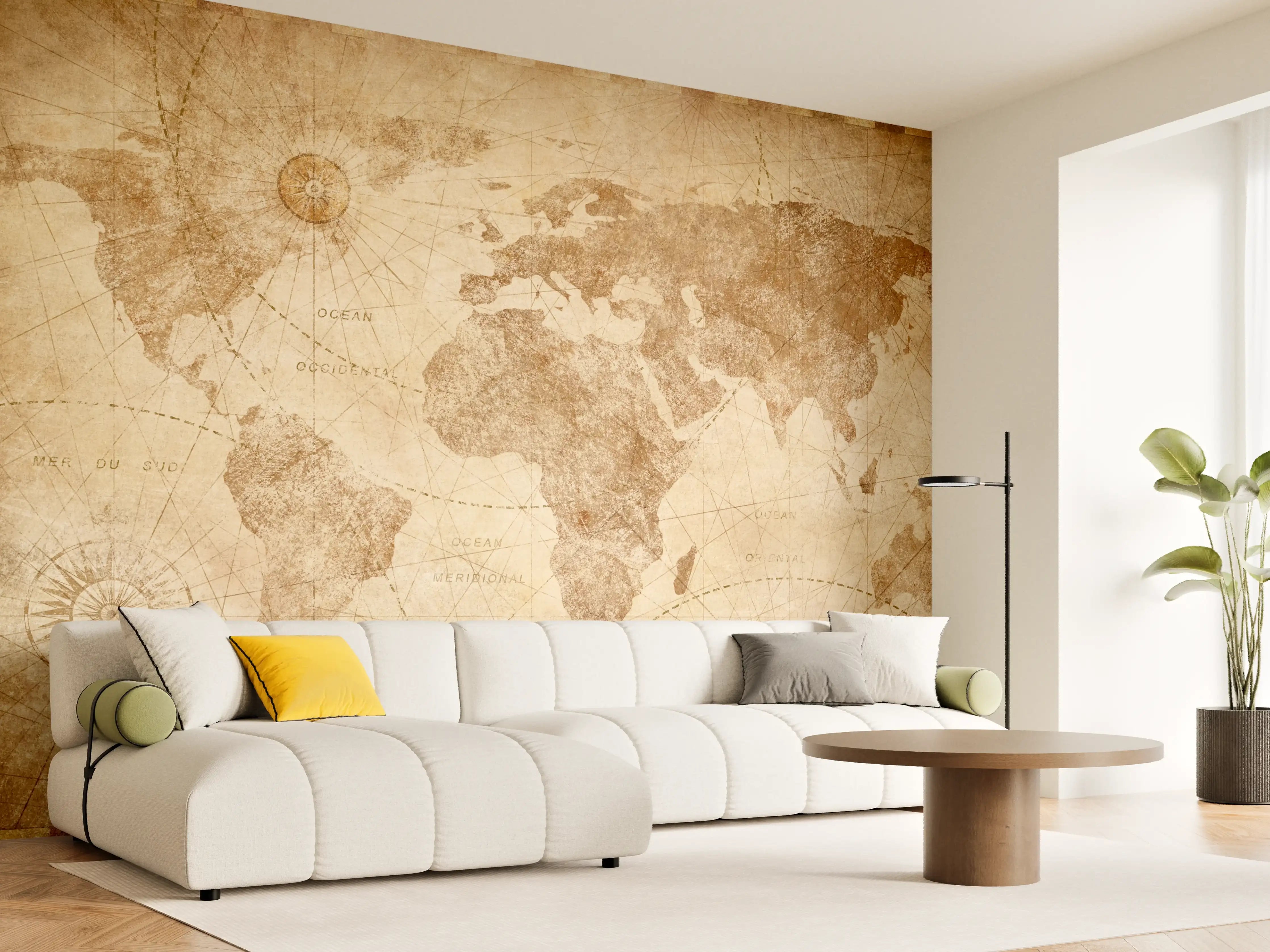 Wandverkleidung Wohnzimmer - Graue Weltkarte im Retro-Design