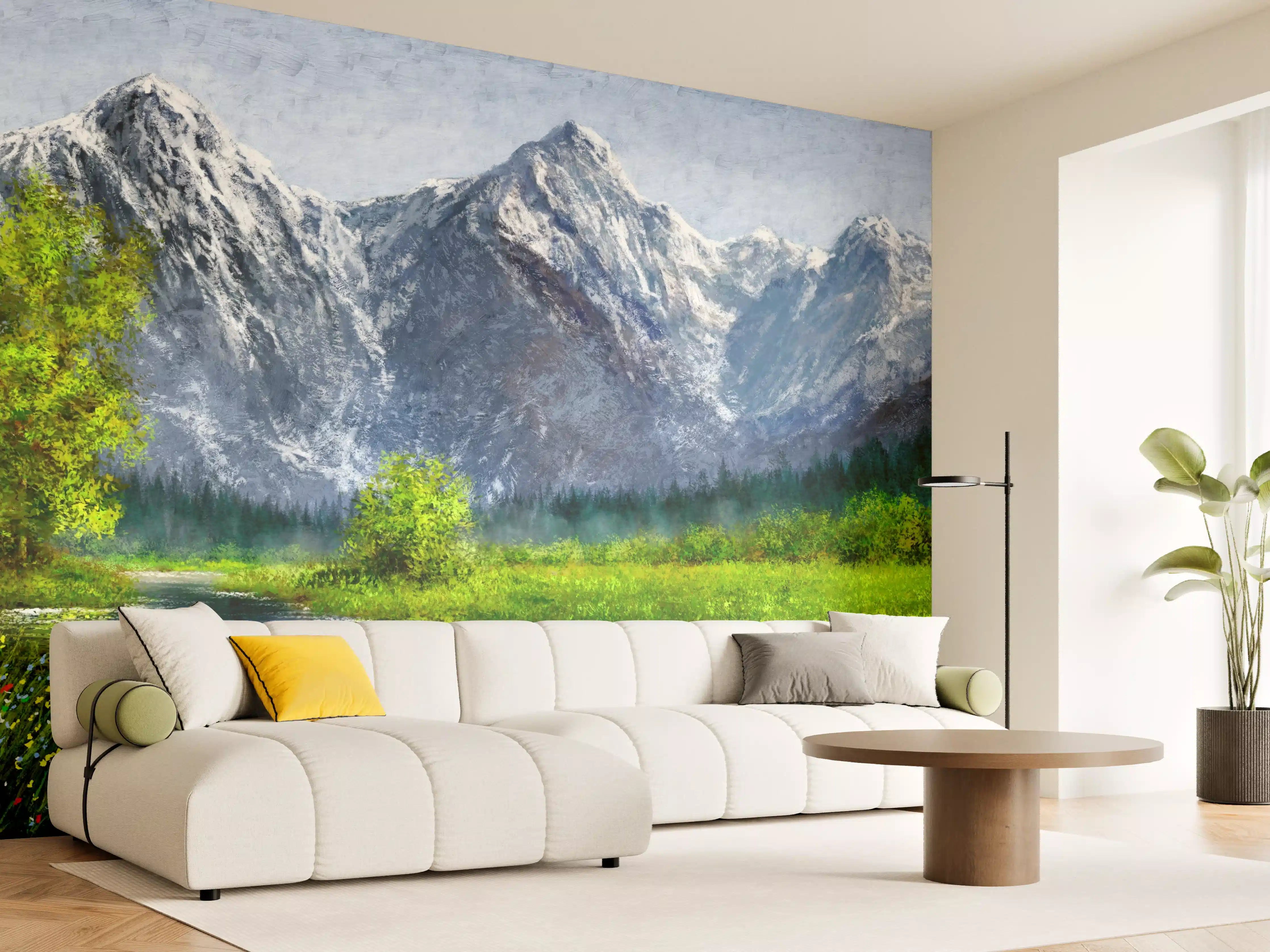 Wandverkleidung Wohnzimmer - Graue Wolken über weißen Berggipfeln