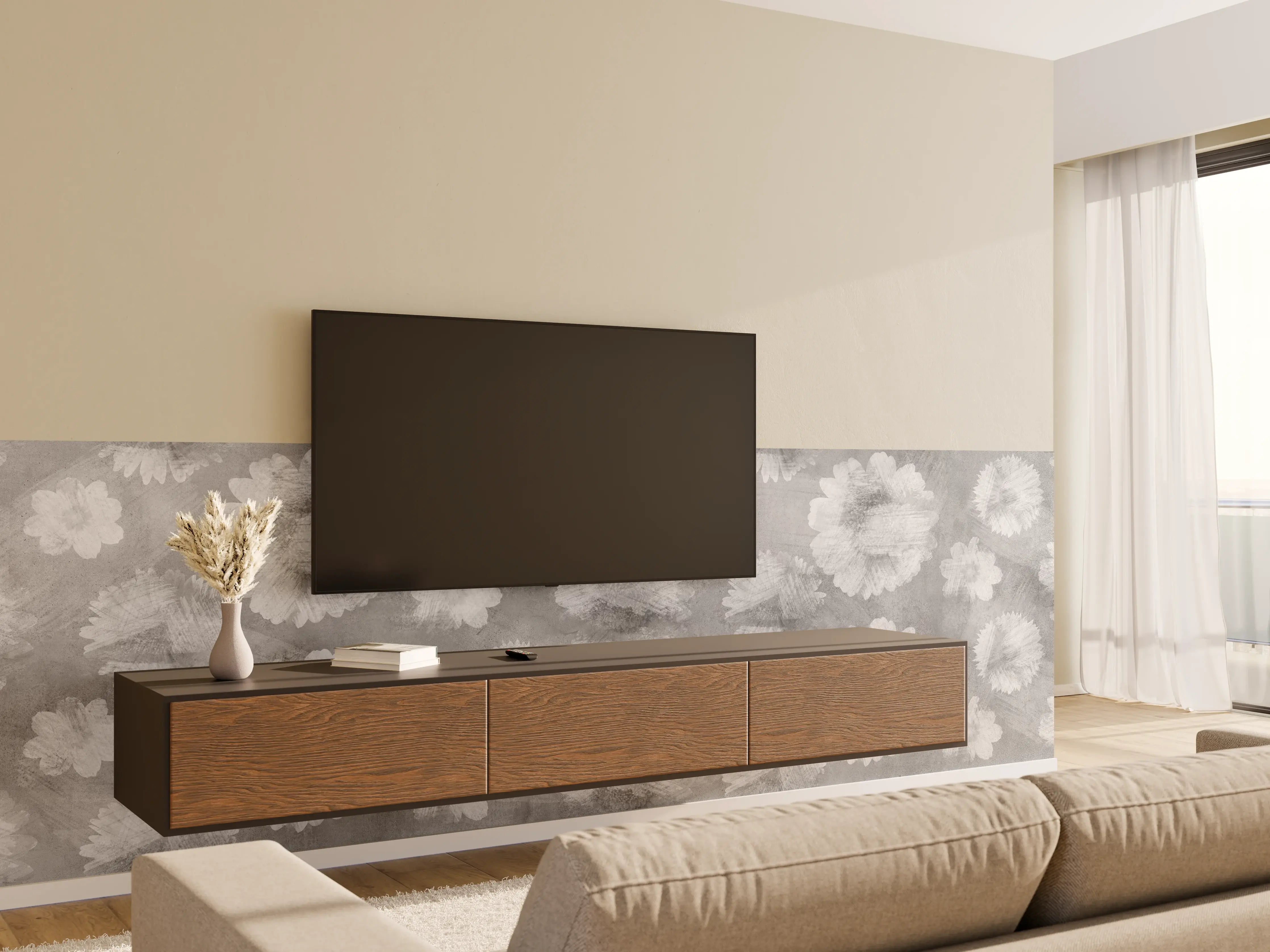 Wandverkleidung Wohnzimmer - Graue Zement Wand mit weißem Blumenmuster