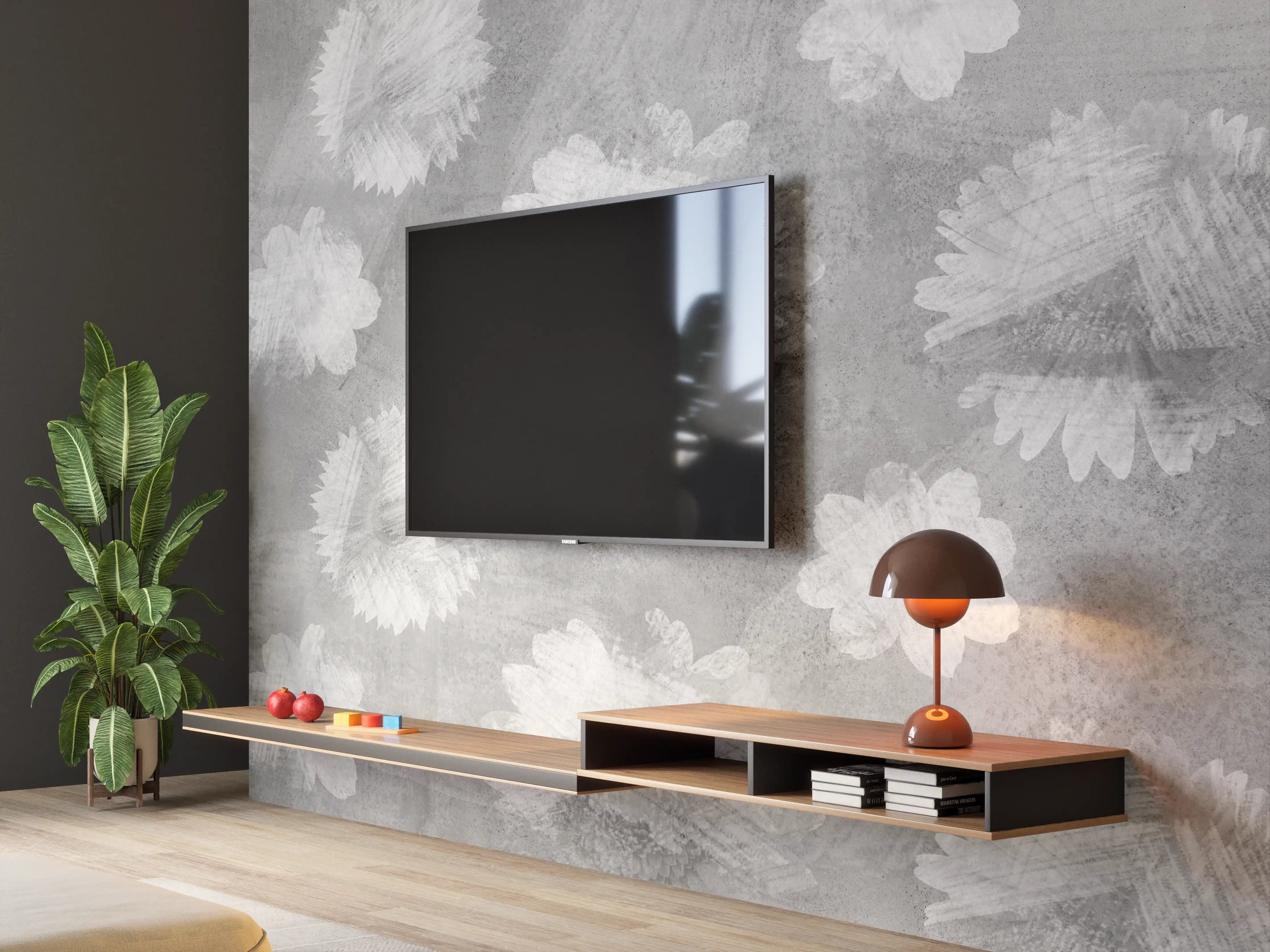 Wandverkleidung Wohnzimmer - Graue Zement Wand mit weißem Blumenmuster