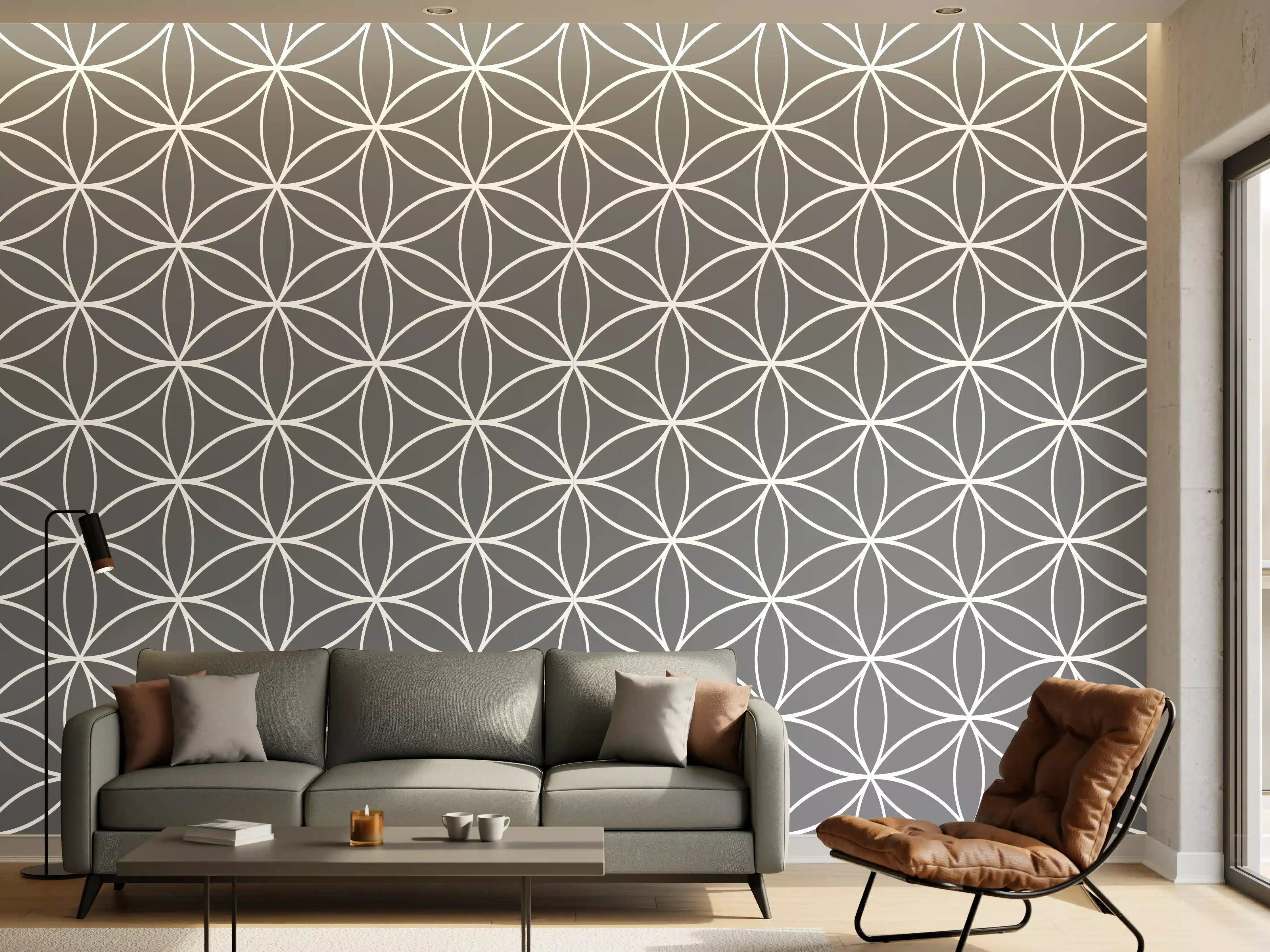 Wandverkleidung Wohnzimmer - Graue geometrische Motive auf weißem Hintergrund