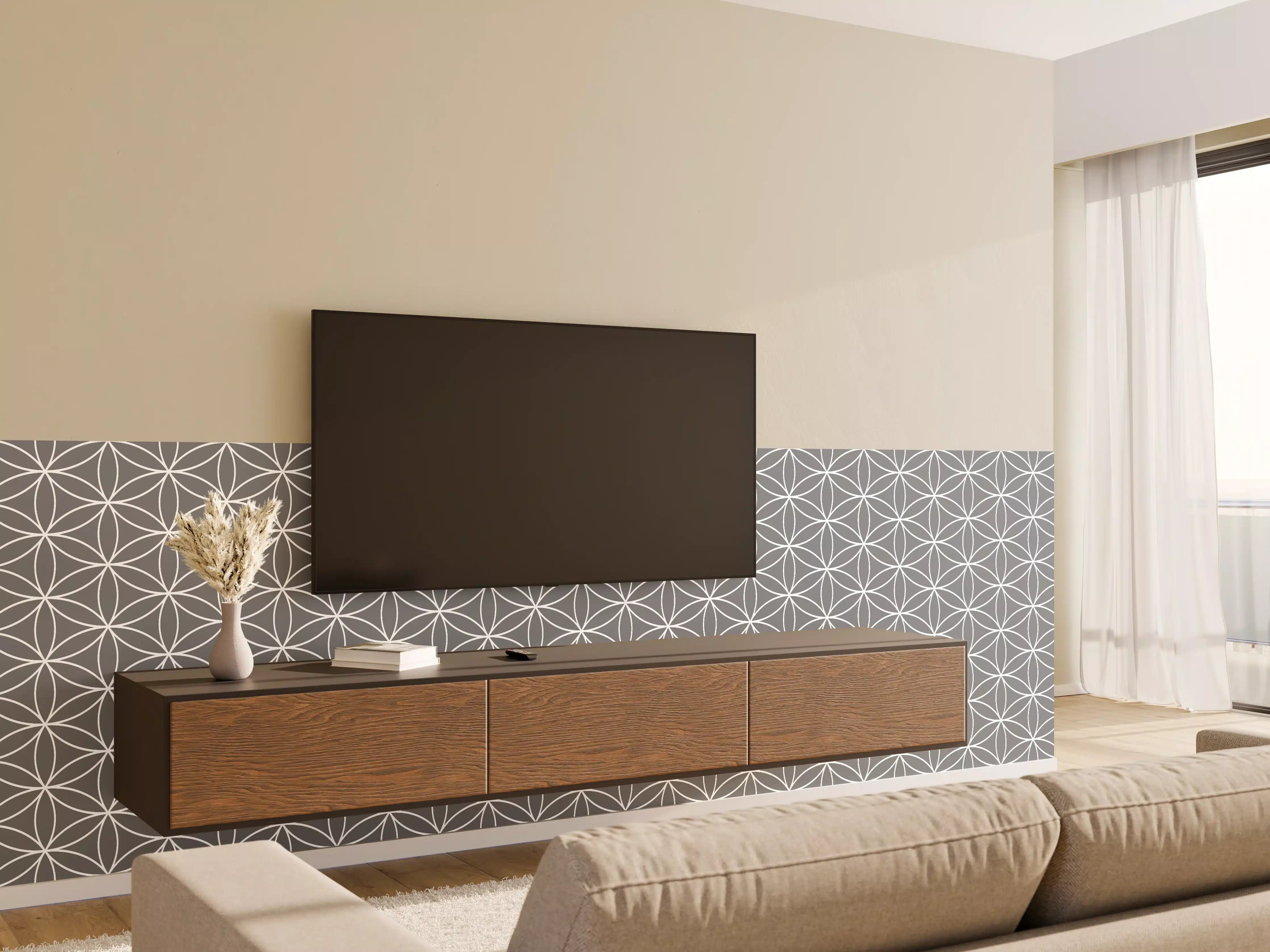 Wandverkleidung Wohnzimmer - Graue geometrische Motive auf weißem Hintergrund