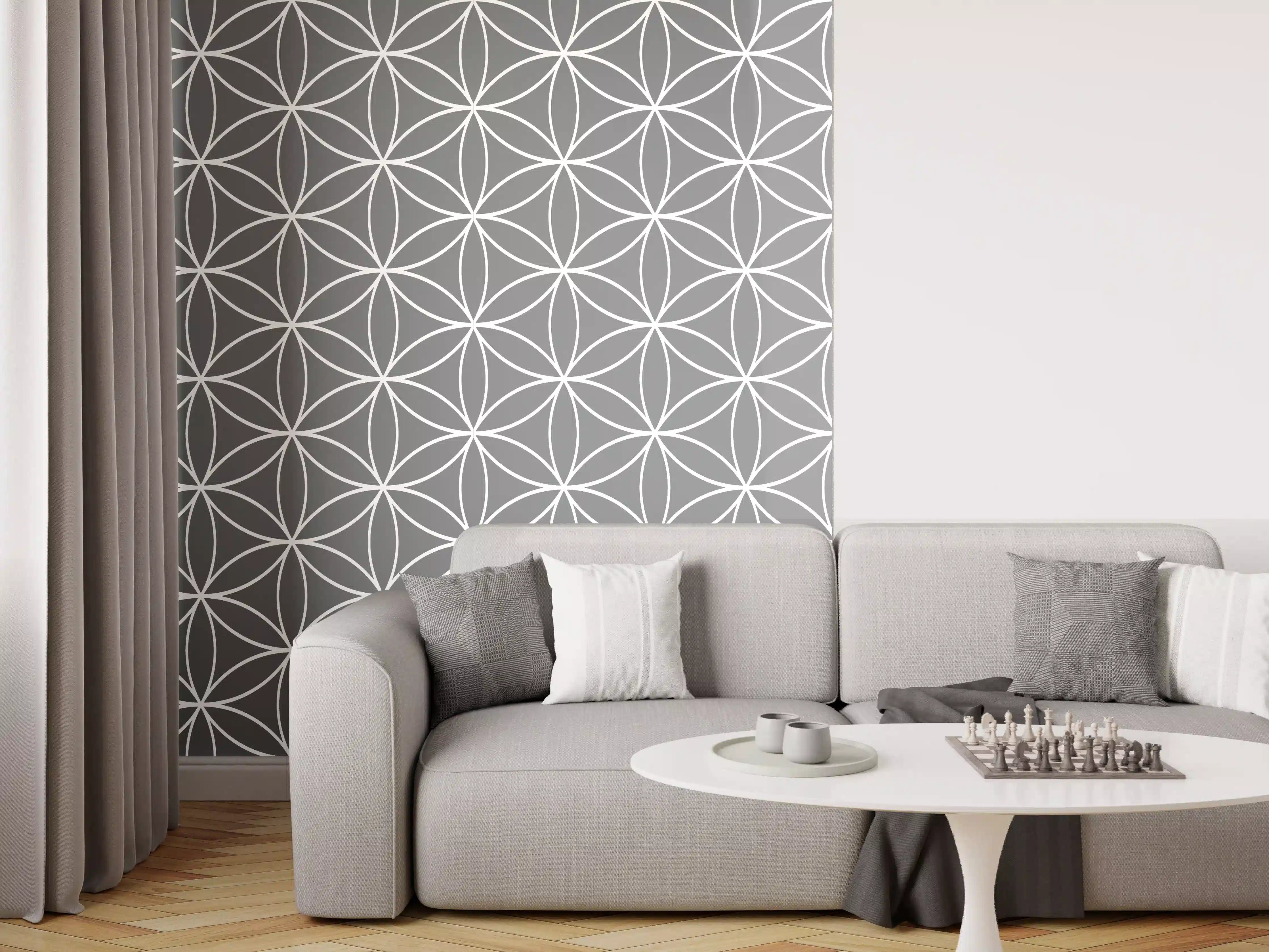 Wandverkleidung Wohnzimmer - Graue geometrische Motive auf weißem Hintergrund