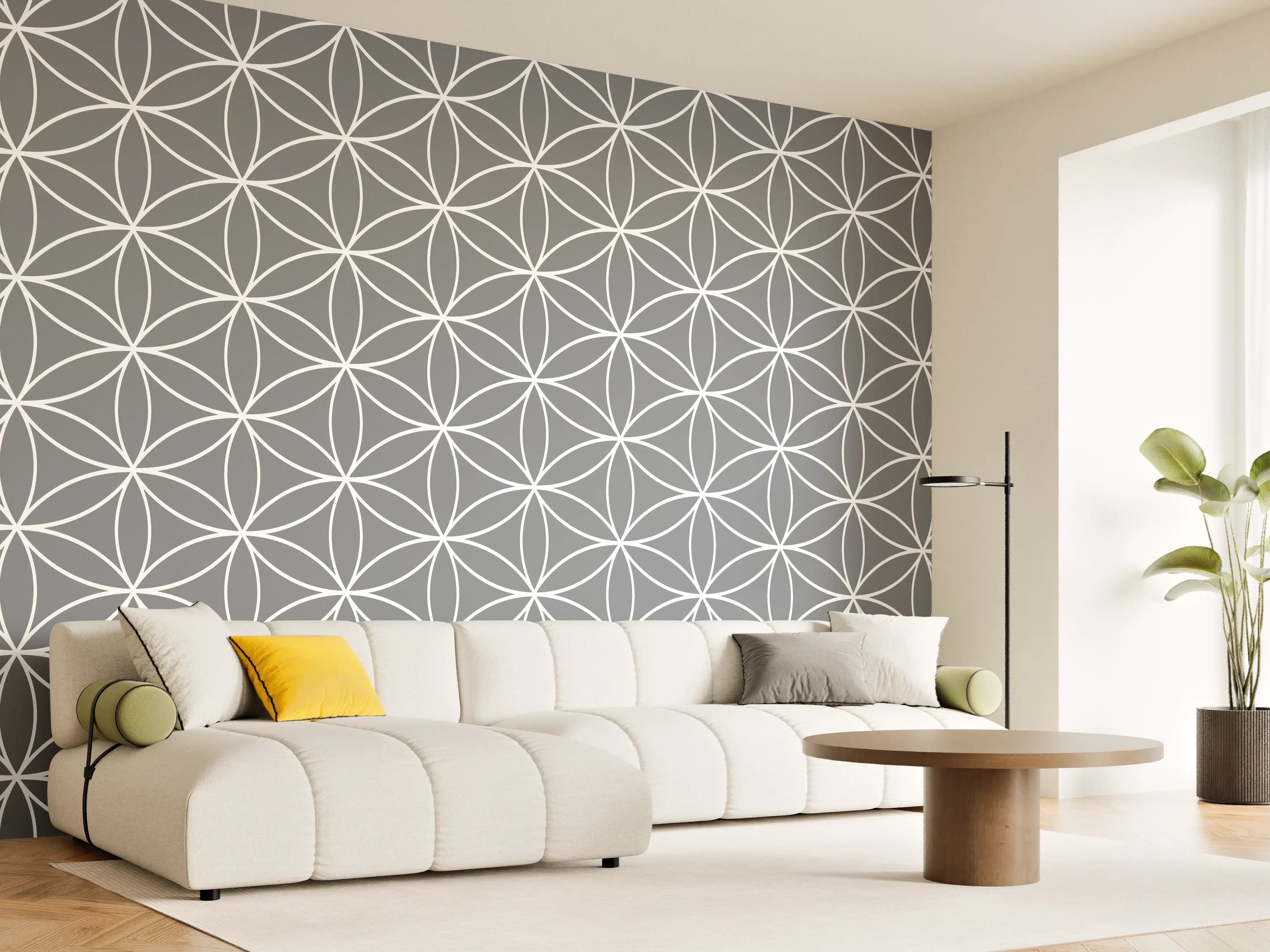 Wandverkleidung Wohnzimmer - Graue geometrische Motive auf weißem Hintergrund