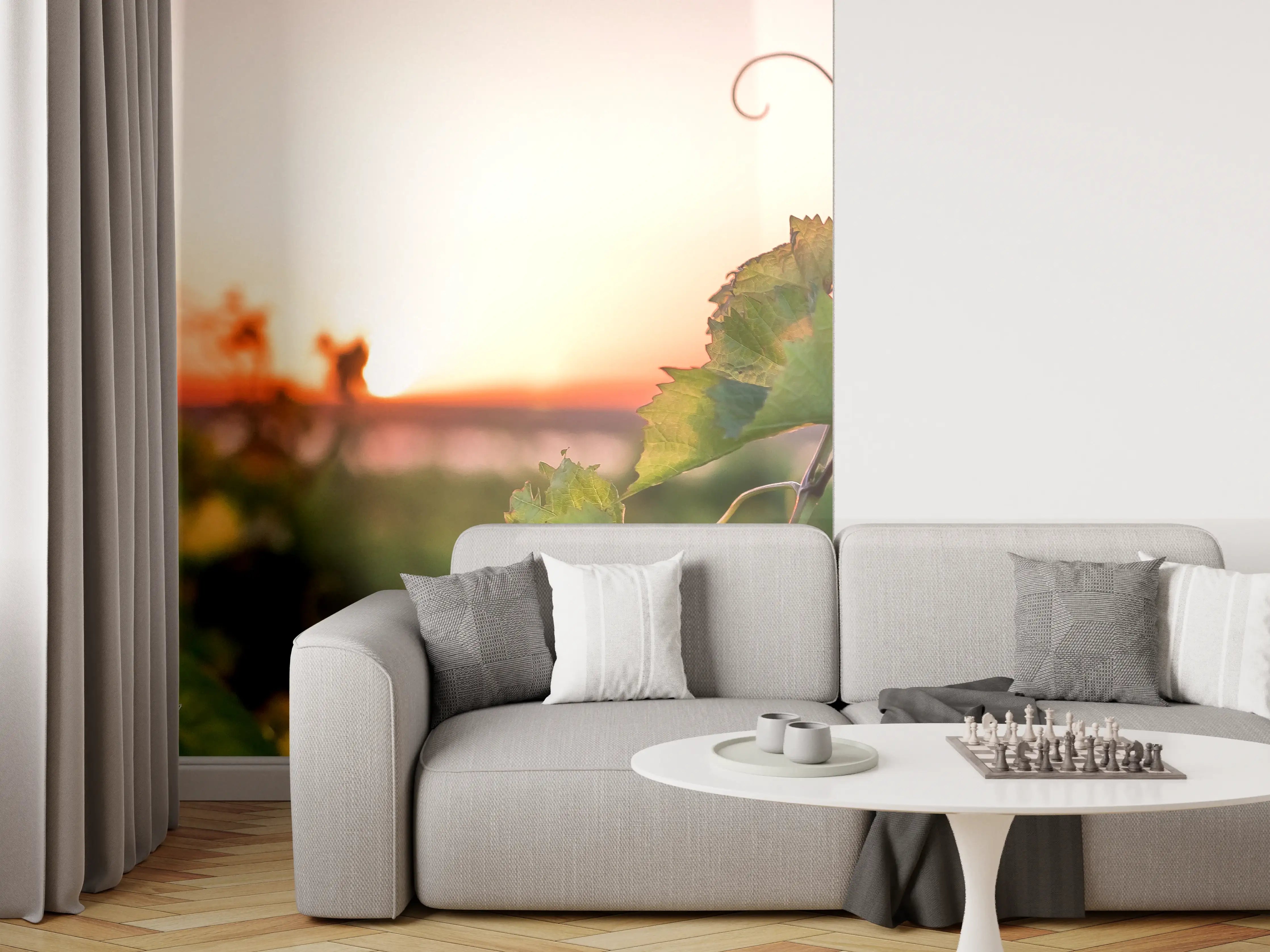 Wandverkleidung Wohnzimmer - Grauer Dämmerungsstrahl über Weinreben