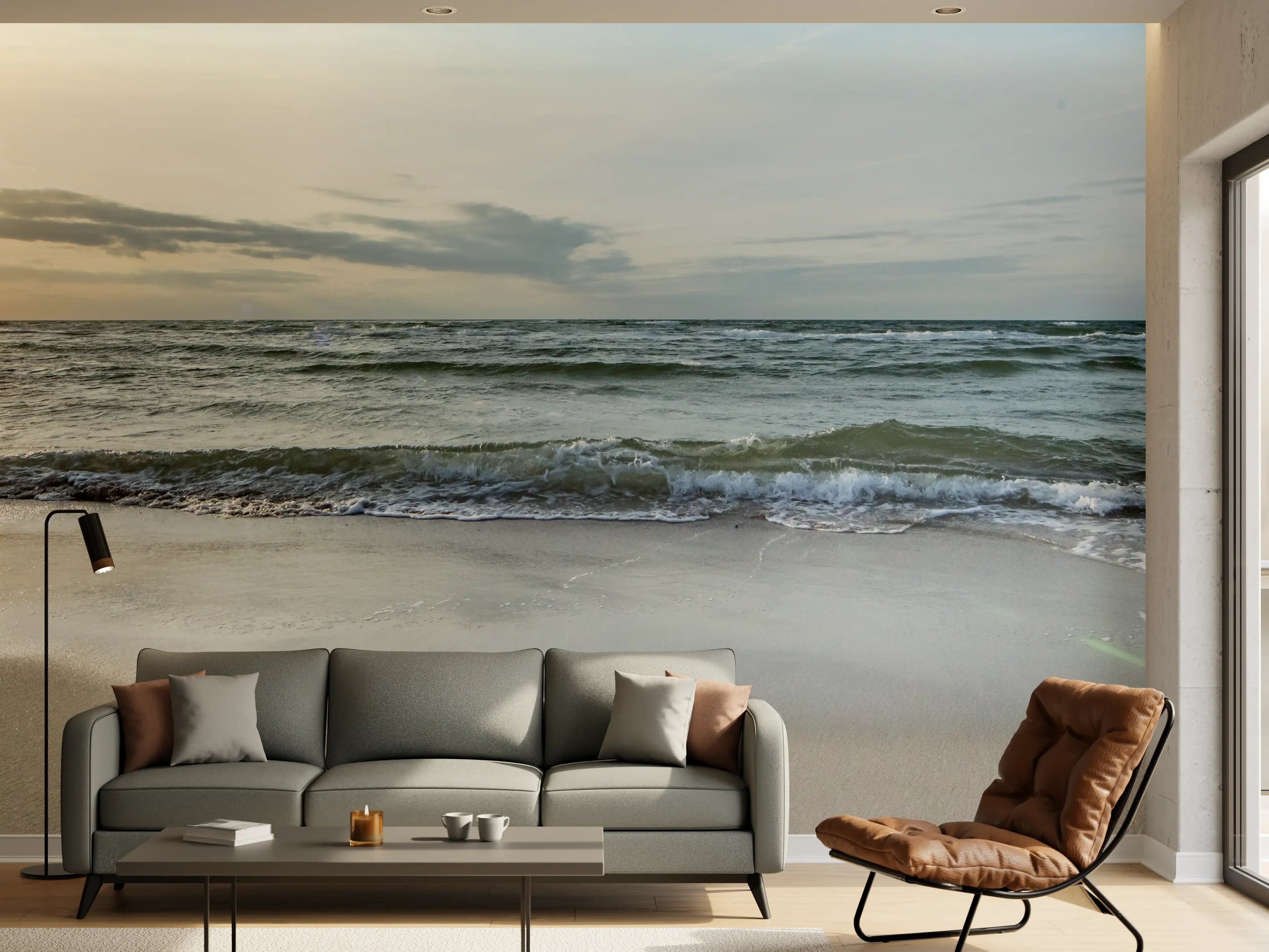 Wandverkleidung Wohnzimmer - Grauer Horizont beim Meeresabend