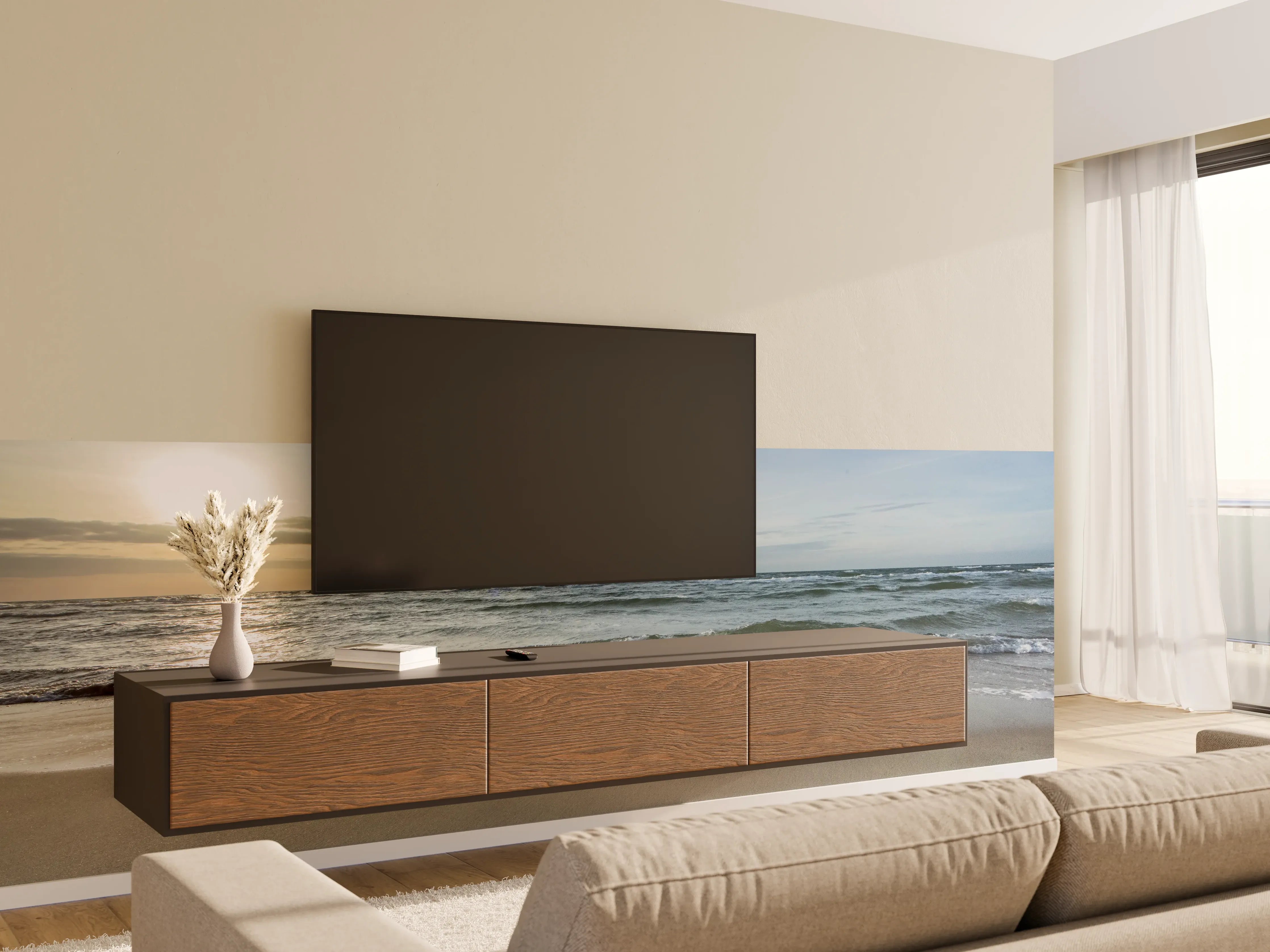 Wandverkleidung Wohnzimmer - Grauer Horizont beim Meeresabend