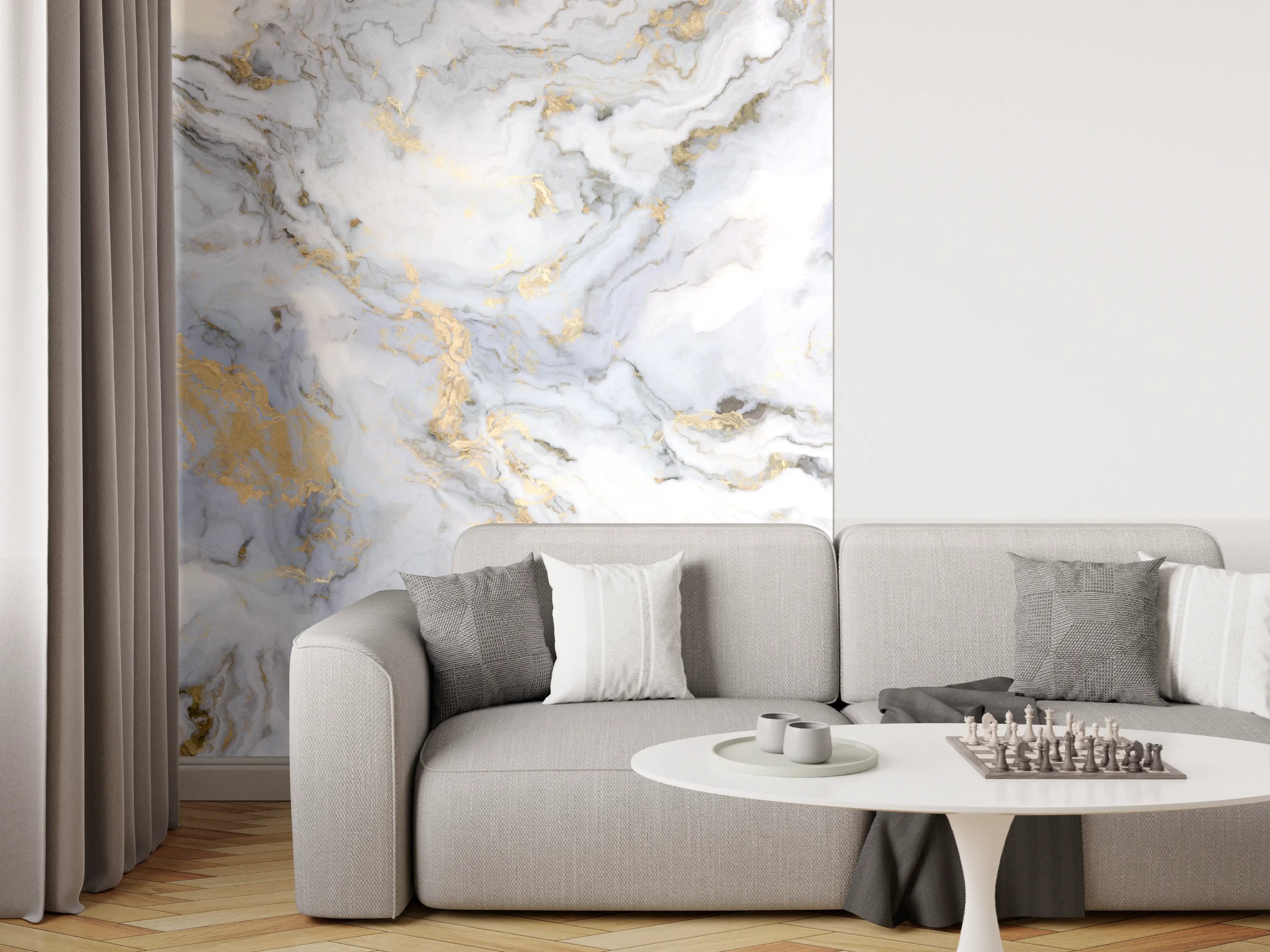 Wandverkleidung Wohnzimmer - Grauer Marmor mit Goldakzenten