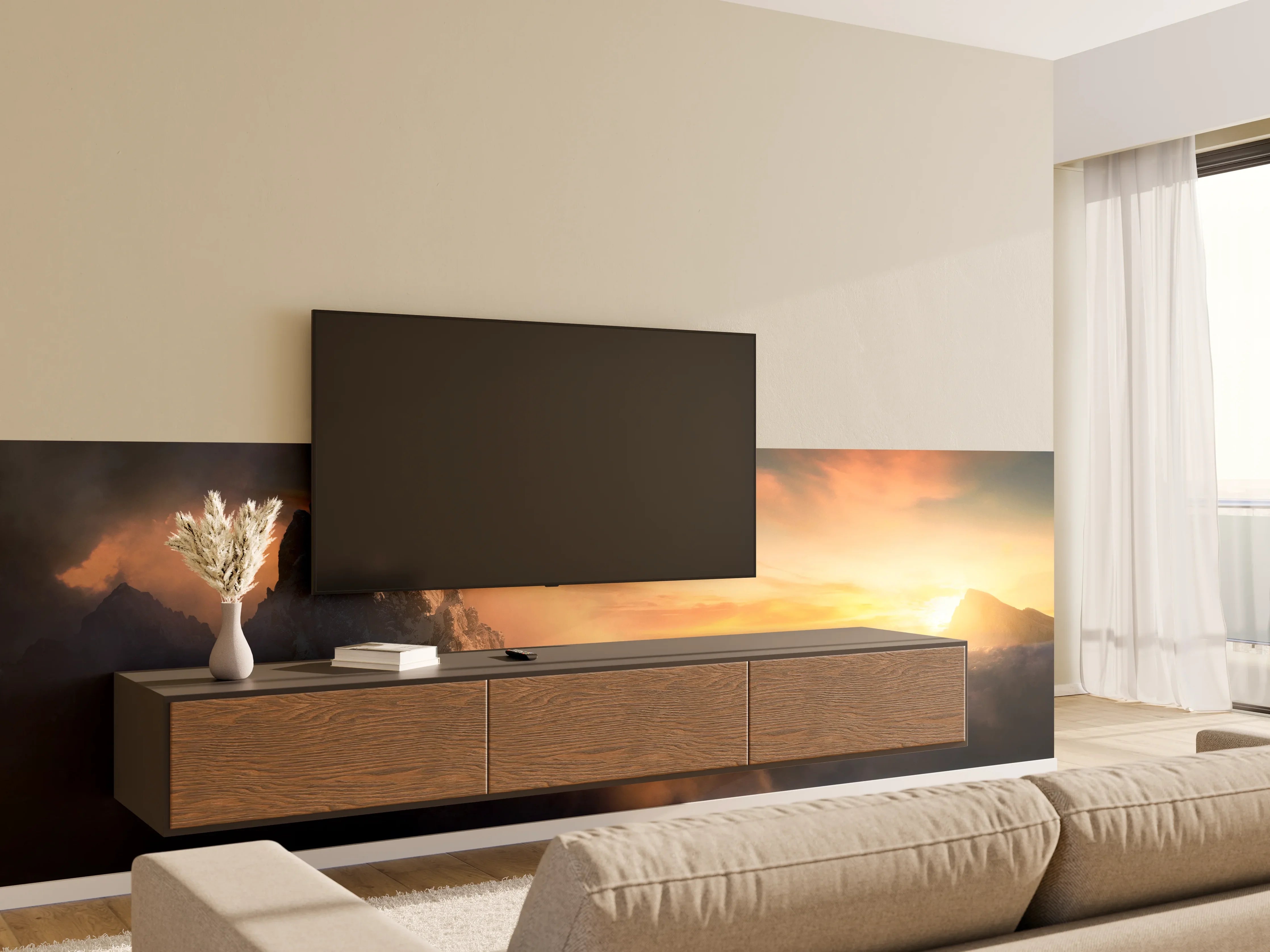 Wandverkleidung Wohnzimmer - Grauer Morgengipfel im goldenen Licht