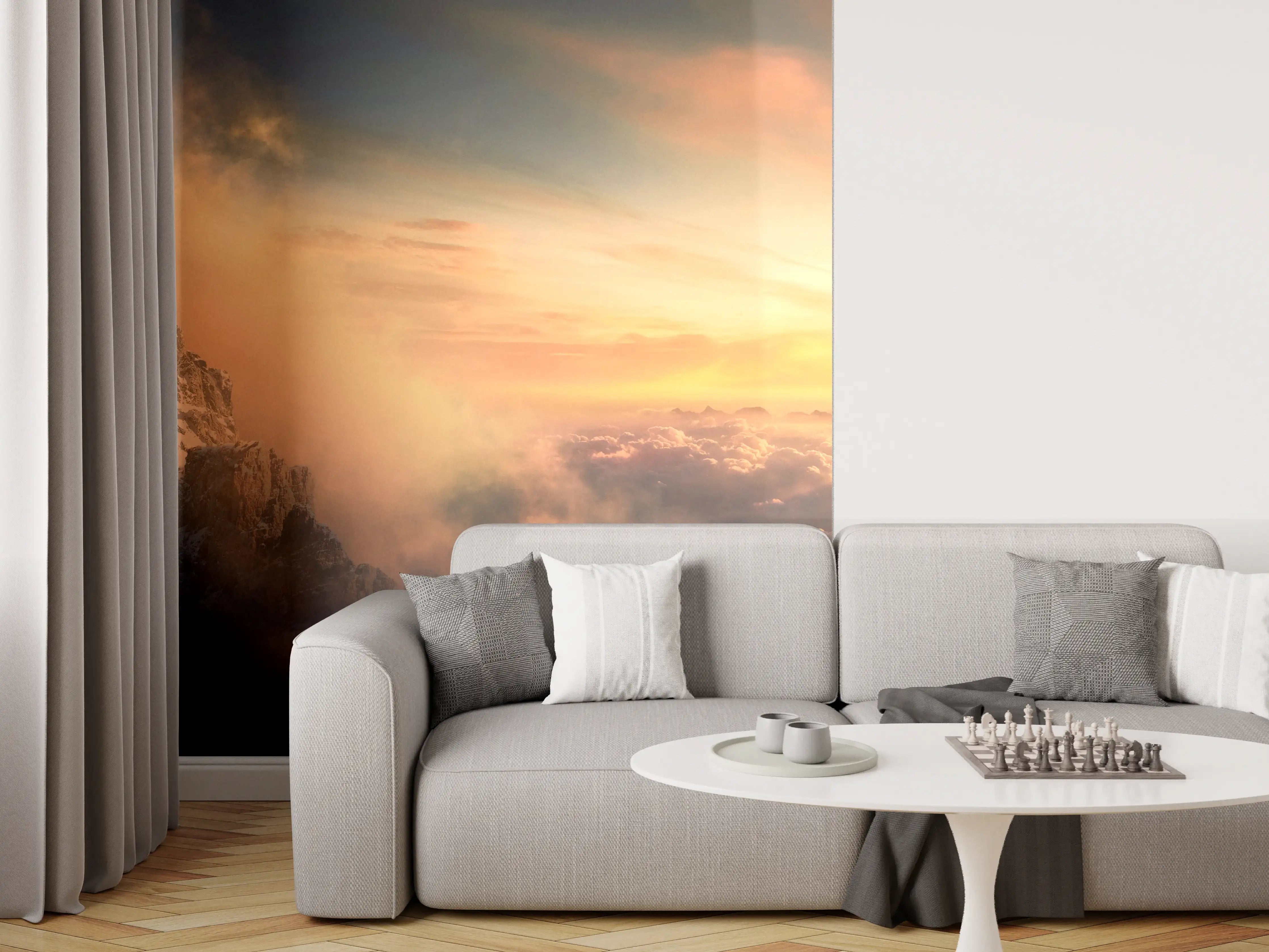 Wandverkleidung Wohnzimmer - Grauer Morgengipfel im goldenen Licht