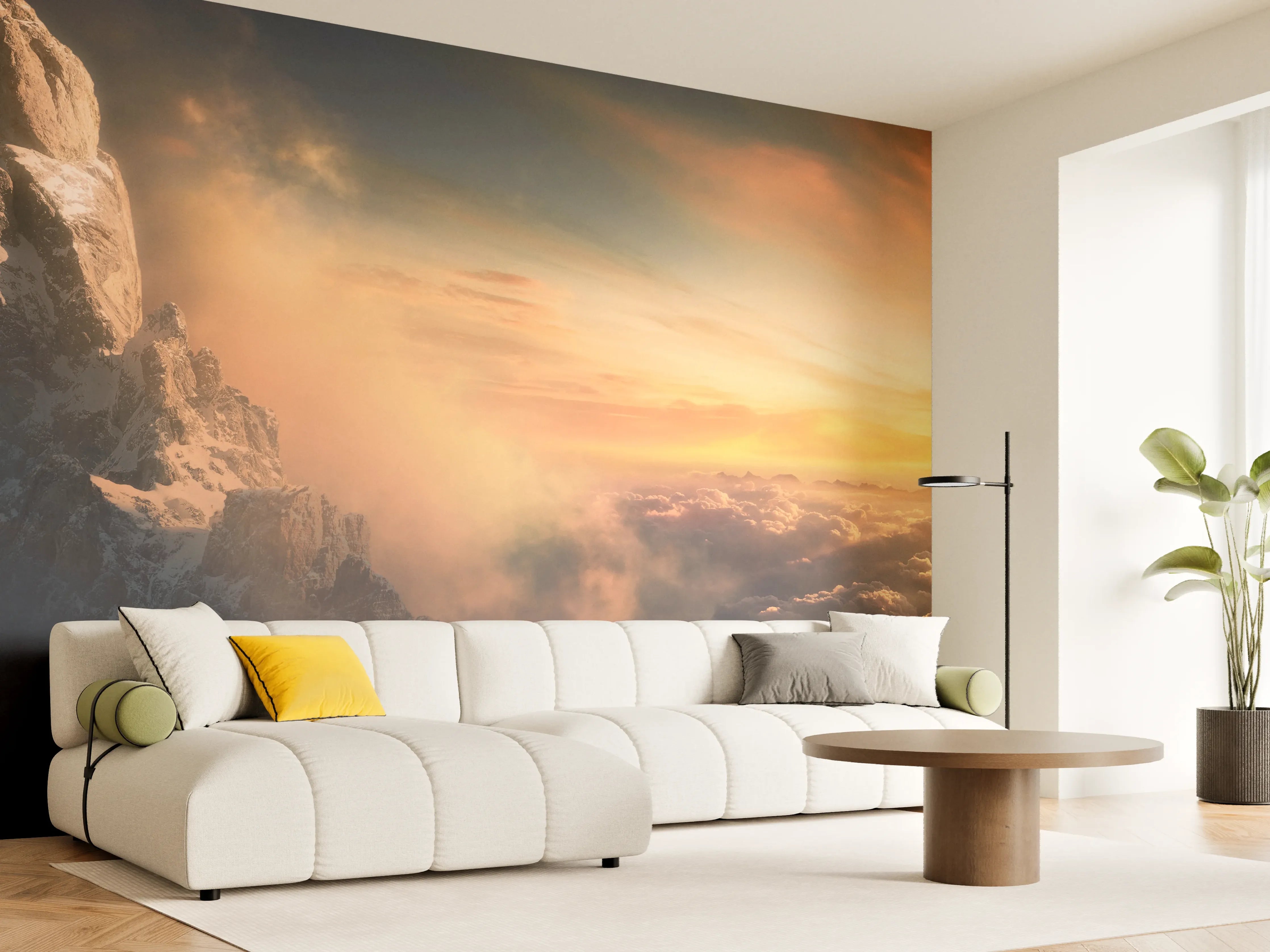 Wandverkleidung Wohnzimmer - Grauer Morgengipfel im goldenen Licht