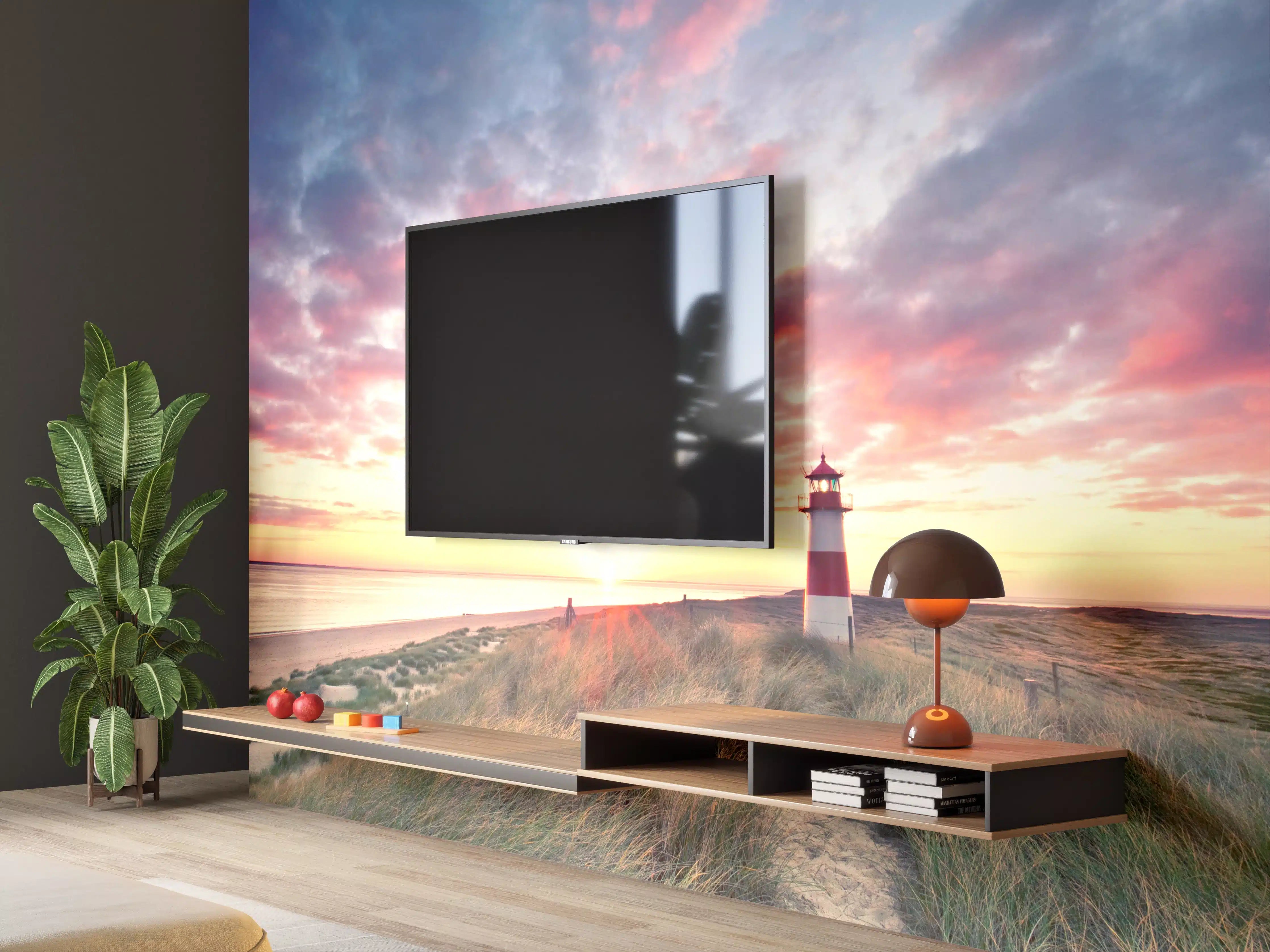 Wandverkleidung Wohnzimmer - Grauer Sonnenuntergang am Leuchtturm