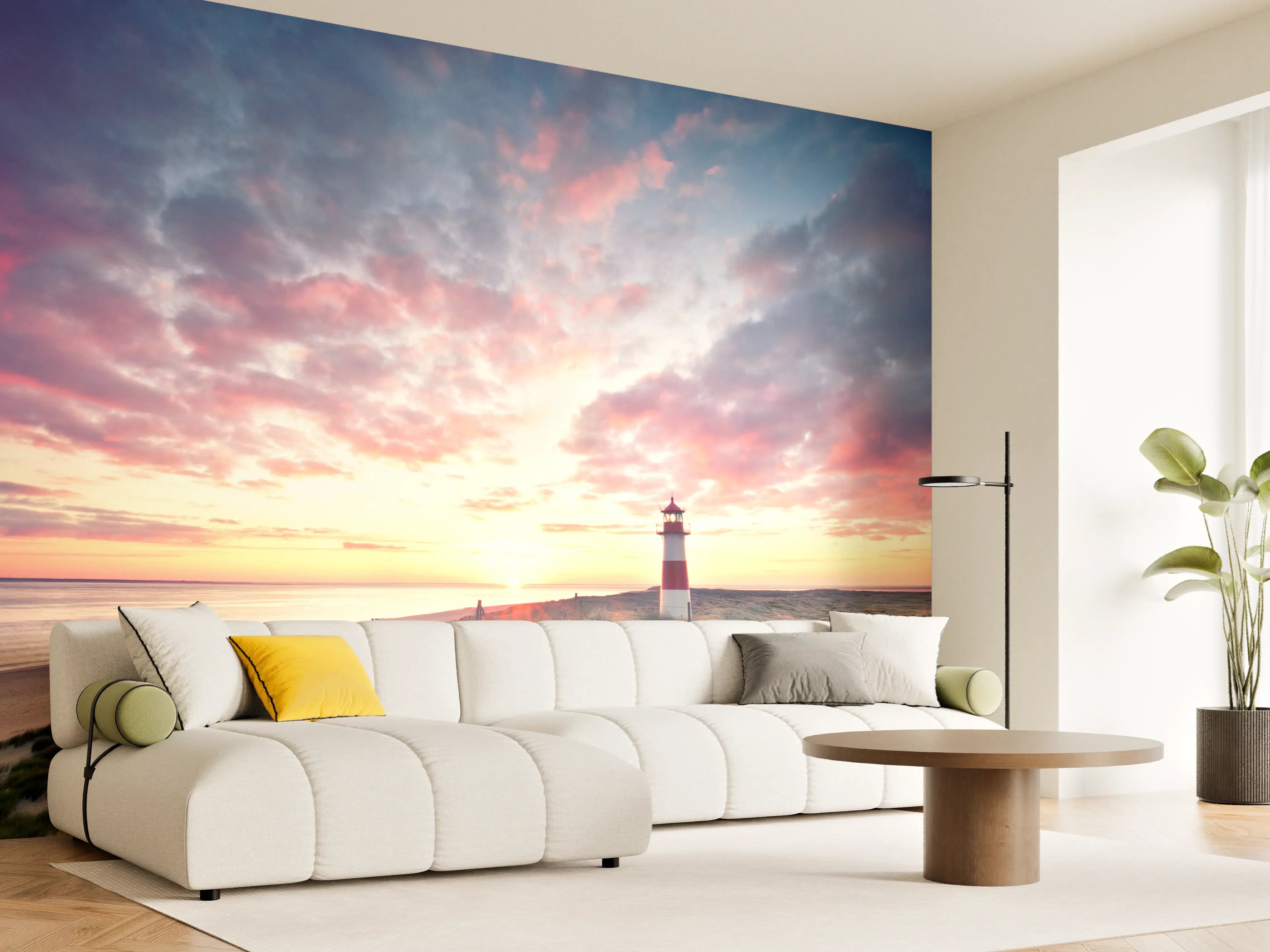Wandverkleidung Wohnzimmer - Grauer Sonnenuntergang am Leuchtturm
