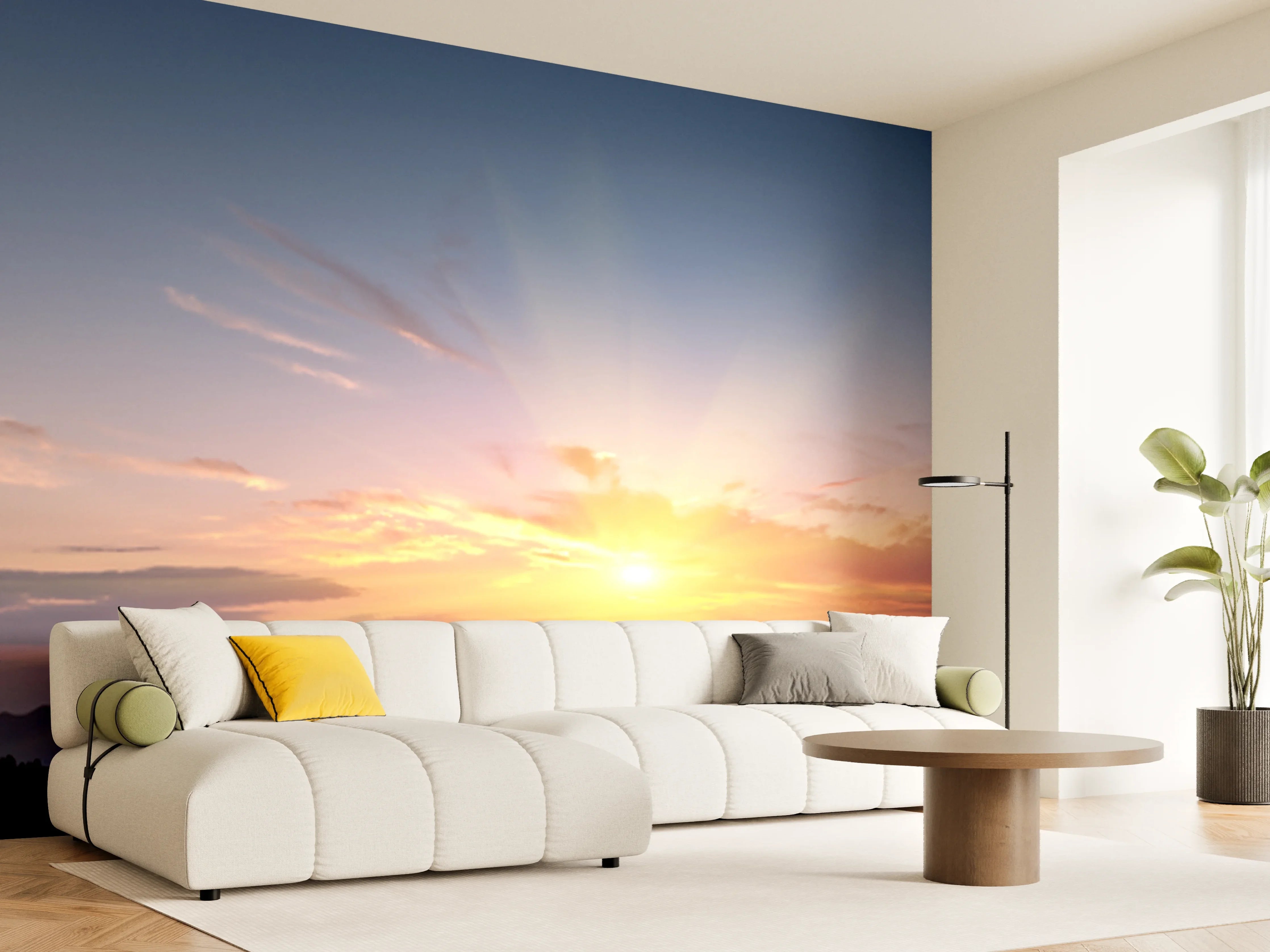 Wandverkleidung Wohnzimmer - Grauer Sonnenuntergang über den Bergen