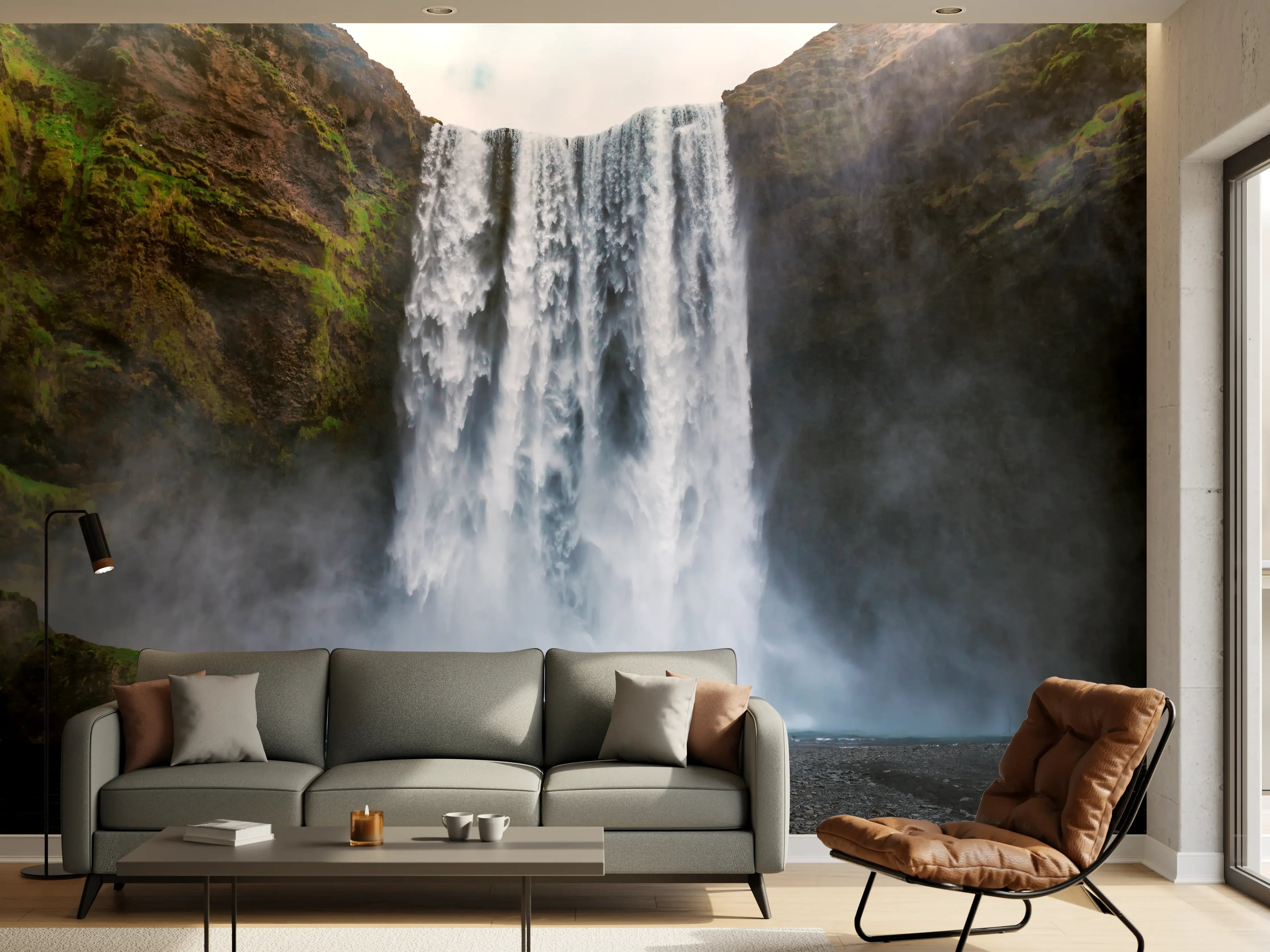 Wandverkleidung Wohnzimmer - Grauer Wasserfall im sanften Licht