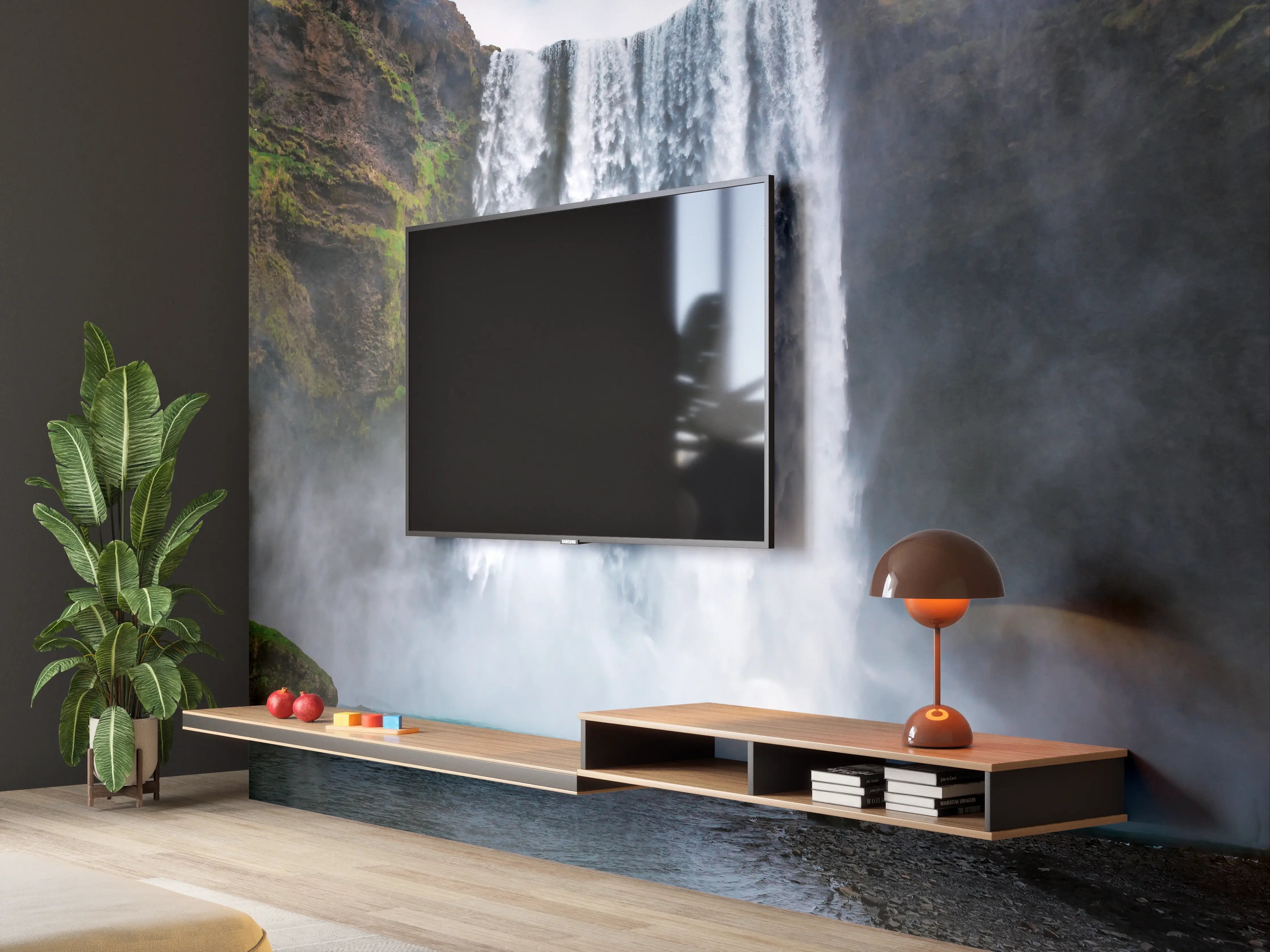 Wandverkleidung Wohnzimmer - Grauer Wasserfall im sanften Licht